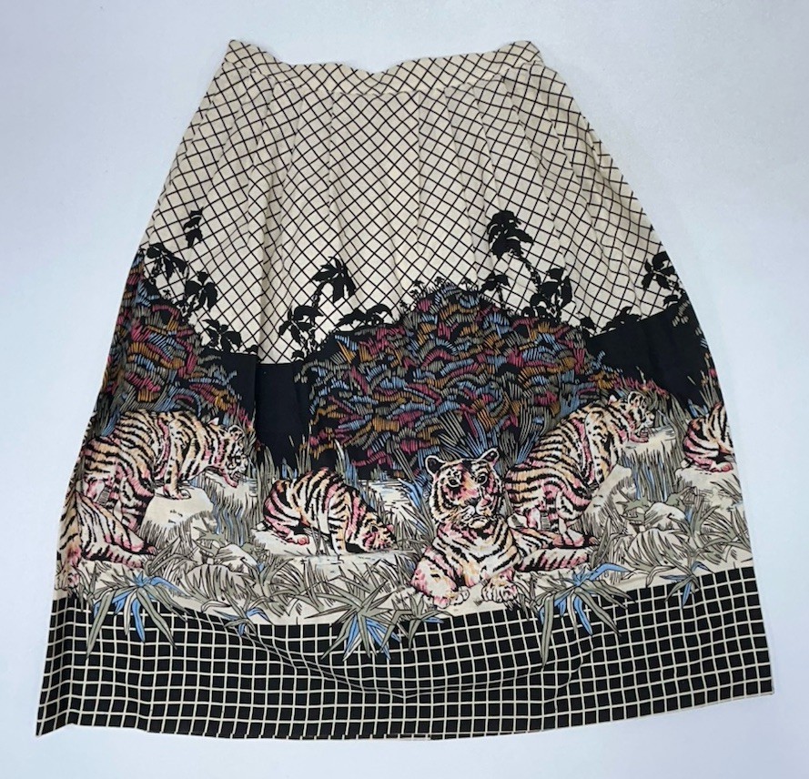 Vintage 80-90s Button Zipper Pleaded Midi Skirt Resting Tigers Print