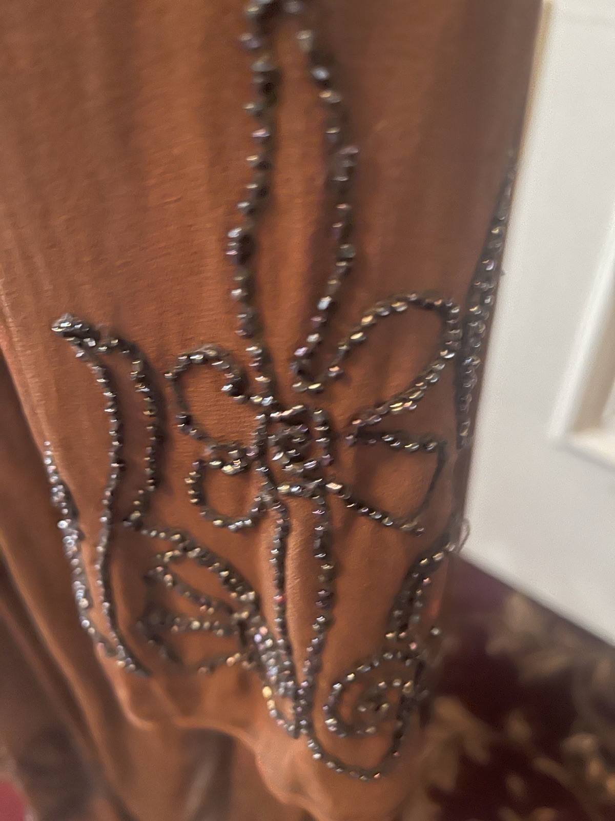 Antique 1920s Brown Chiffon Crepe Flapper Dress Art Deco Black Beading