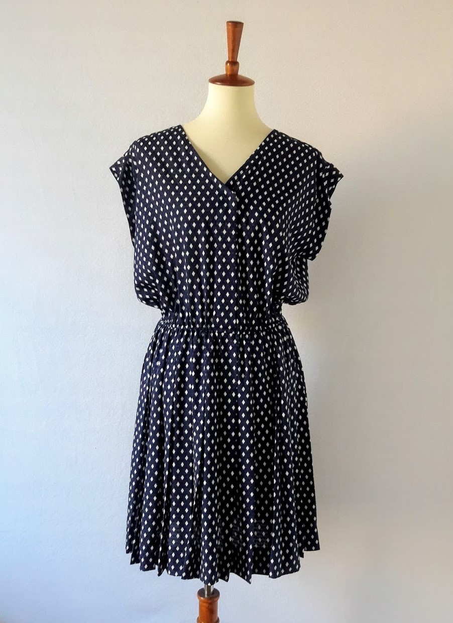 1980s Navy Blue and White Diamond Print Satin Midi Dress