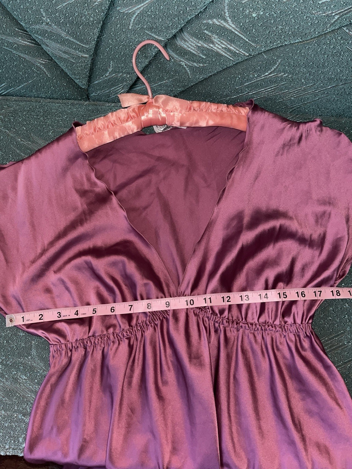Vtg Miss Elaine Purple Satin Maxi Nightgown Large V Neck Flutter Sleeves