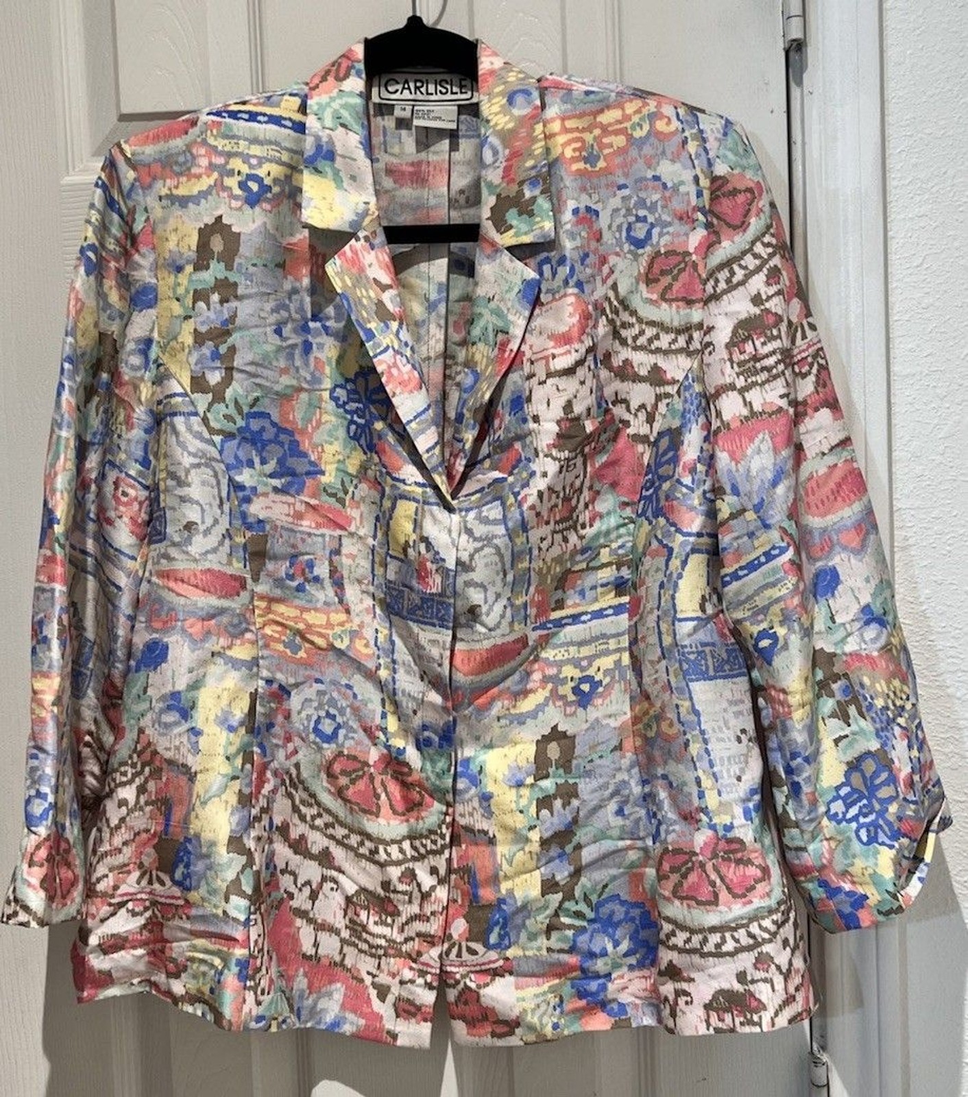 Carlisle Vintage 100% Silk Unique Print Long Sleeve Snap Up Blouse Size 14