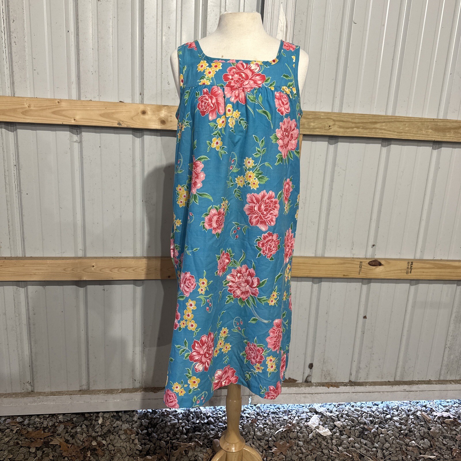 Vintage sears Sleeveless Blue Floral Dress House Dress Maxi Dress Medium 12-14