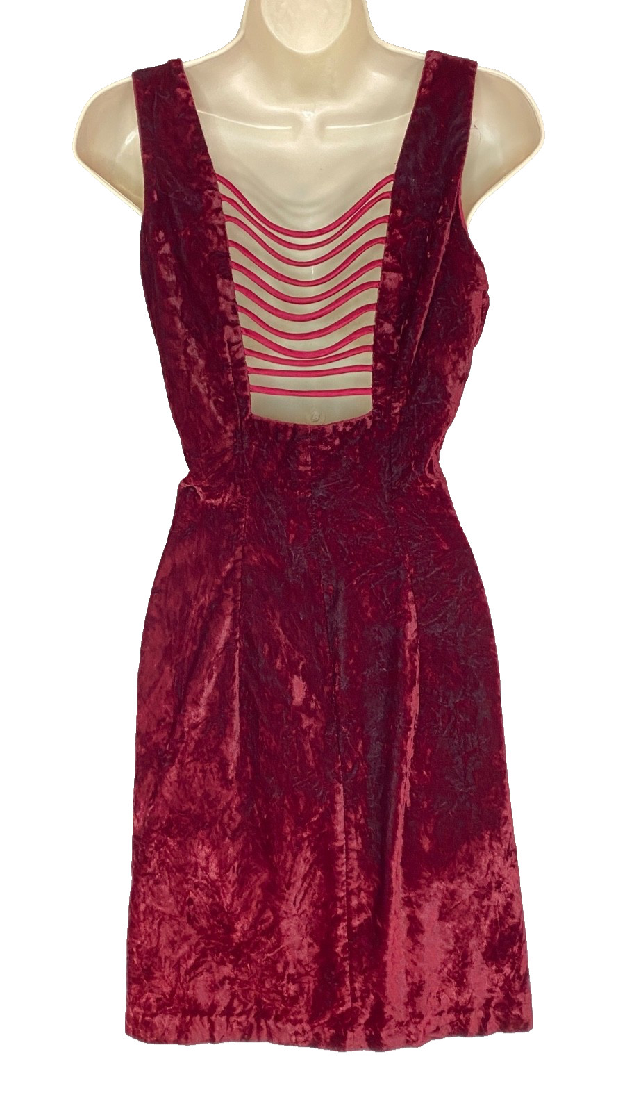Vintage 1990s red velvet mini dress S sleeveless open back high neck