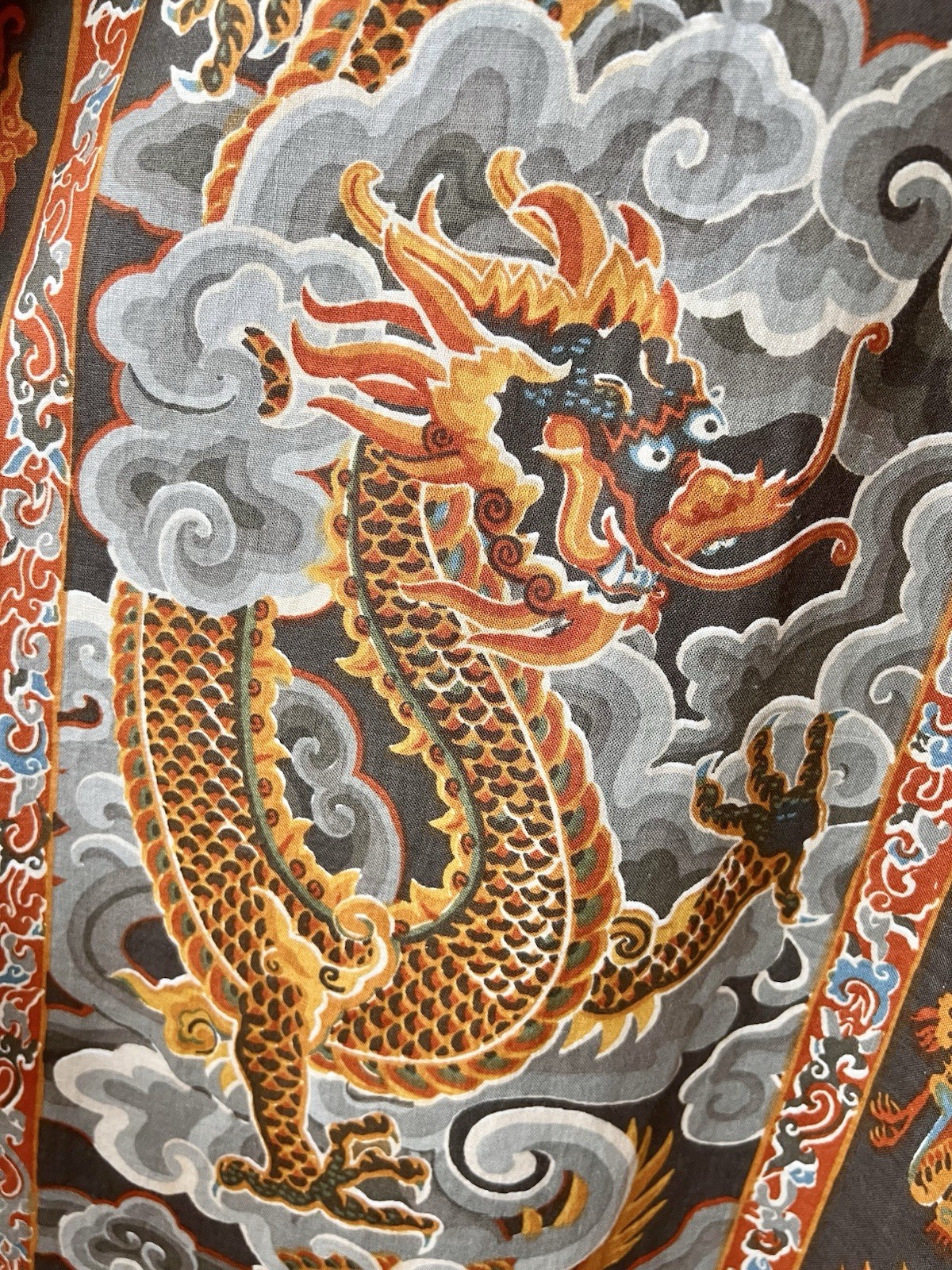 VTG 70s Dragon Cloud Print Cotton Hostess Maxi Dress Caftan Oriental Novelty S