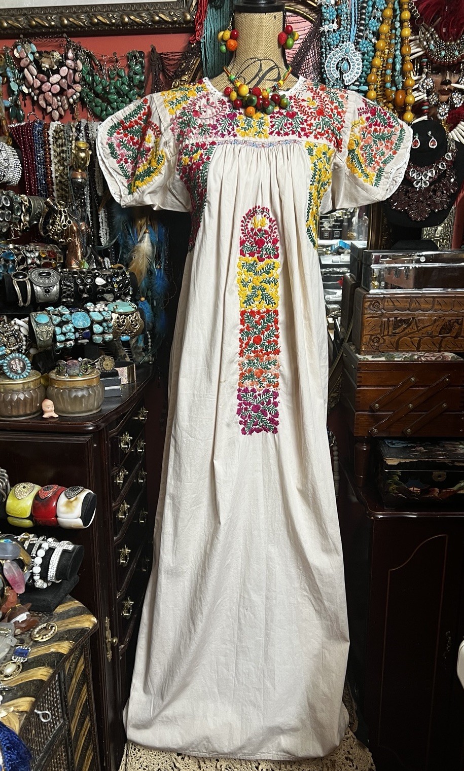 Beautiful Oaxaca Light Beige Dress In Cotton With Multi Color Embroidery M/L