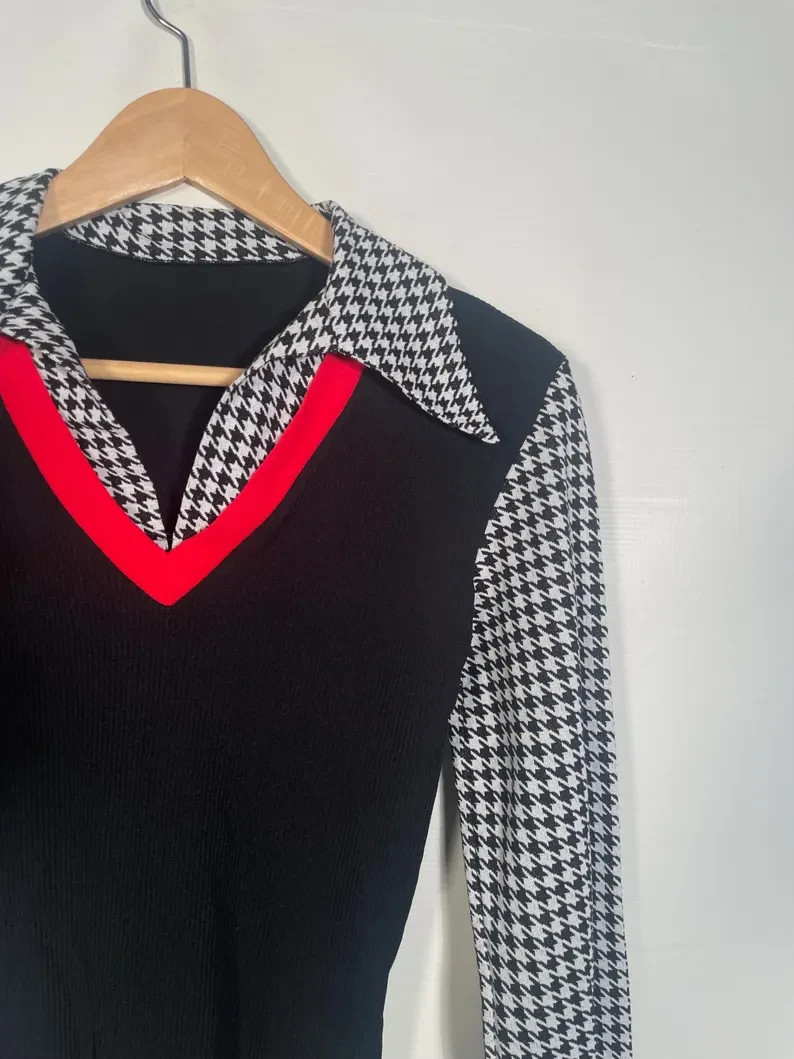 Vintage 1970s Houndstooth Bodysuit Made In USA Size S/M