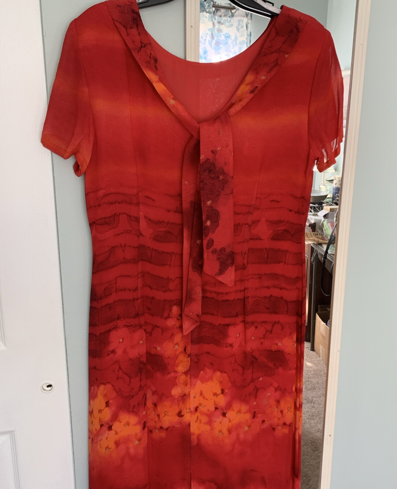 Donna Ricco New York Cap Sleeve Midi Column Dress 12P Red Orange Designer Style