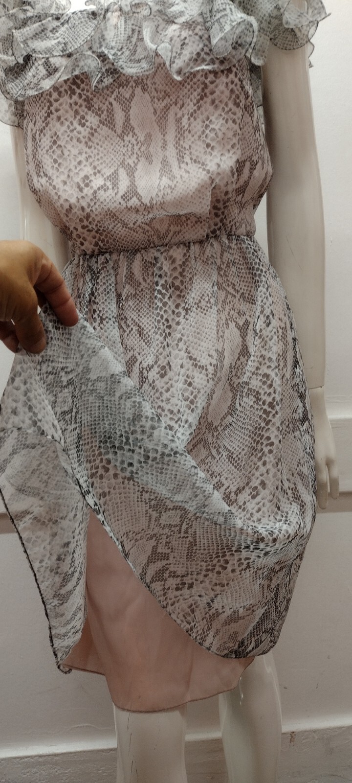 Vintage 80s Gray Snakeskin Chiffon Dress Ruffles Flamboyant Dolly Busty Size S/M