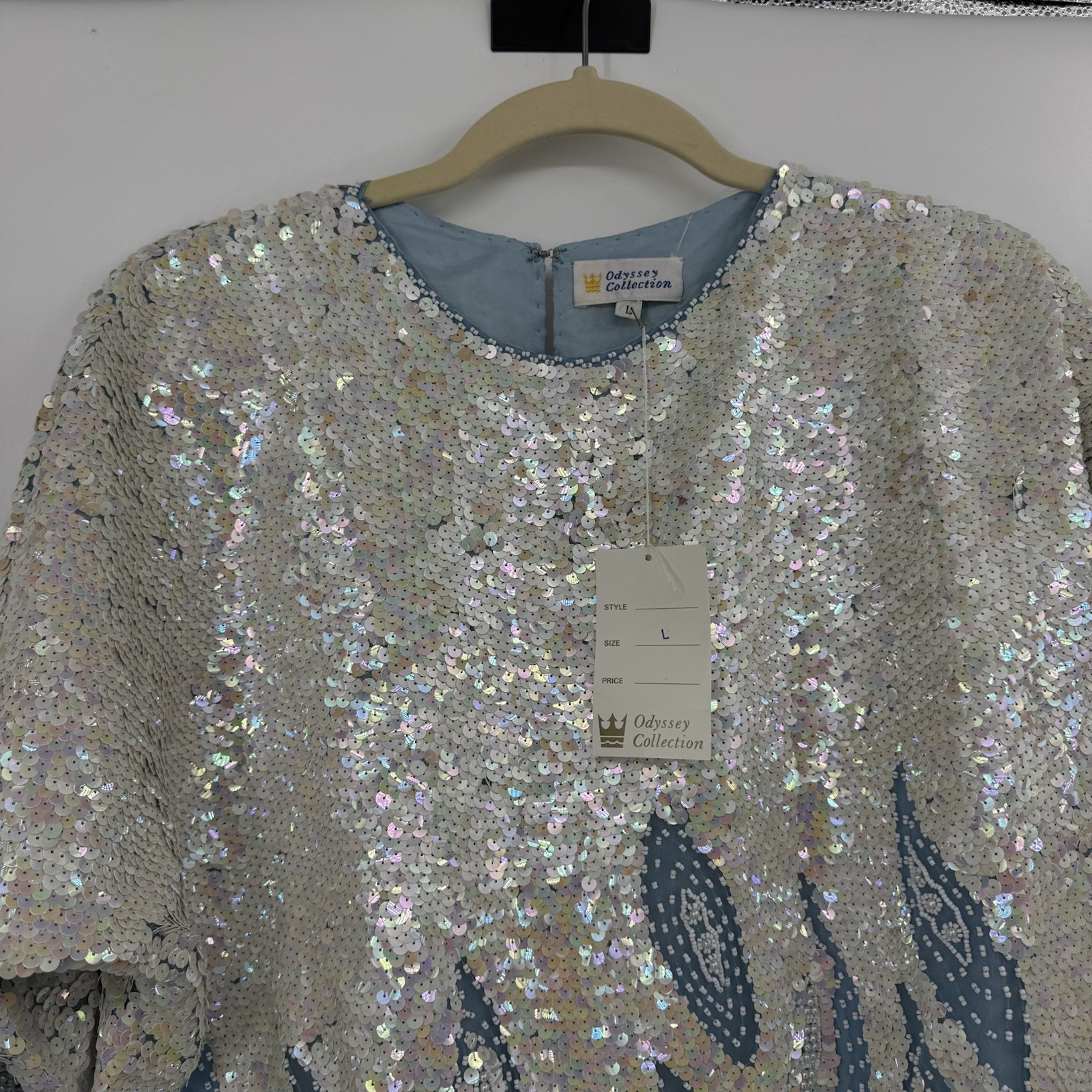 Vintage SILK Top Blue Waves Dolman Sleeves SEQUINS PEARLS All over Sz L NOS