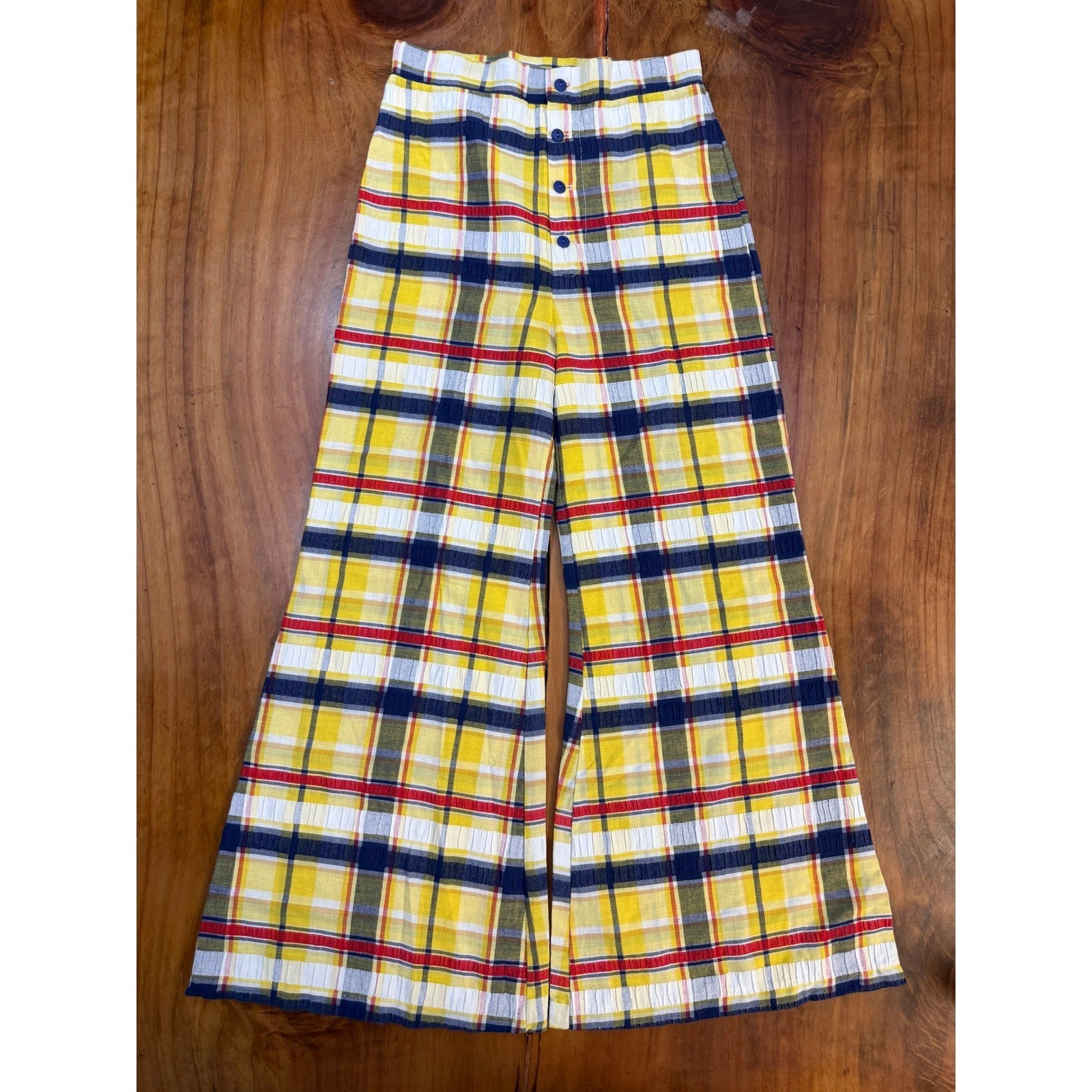 Vintage 70s Wide Leg Pants 25 Cotton Plaid Button High Rise Retro Flare W26