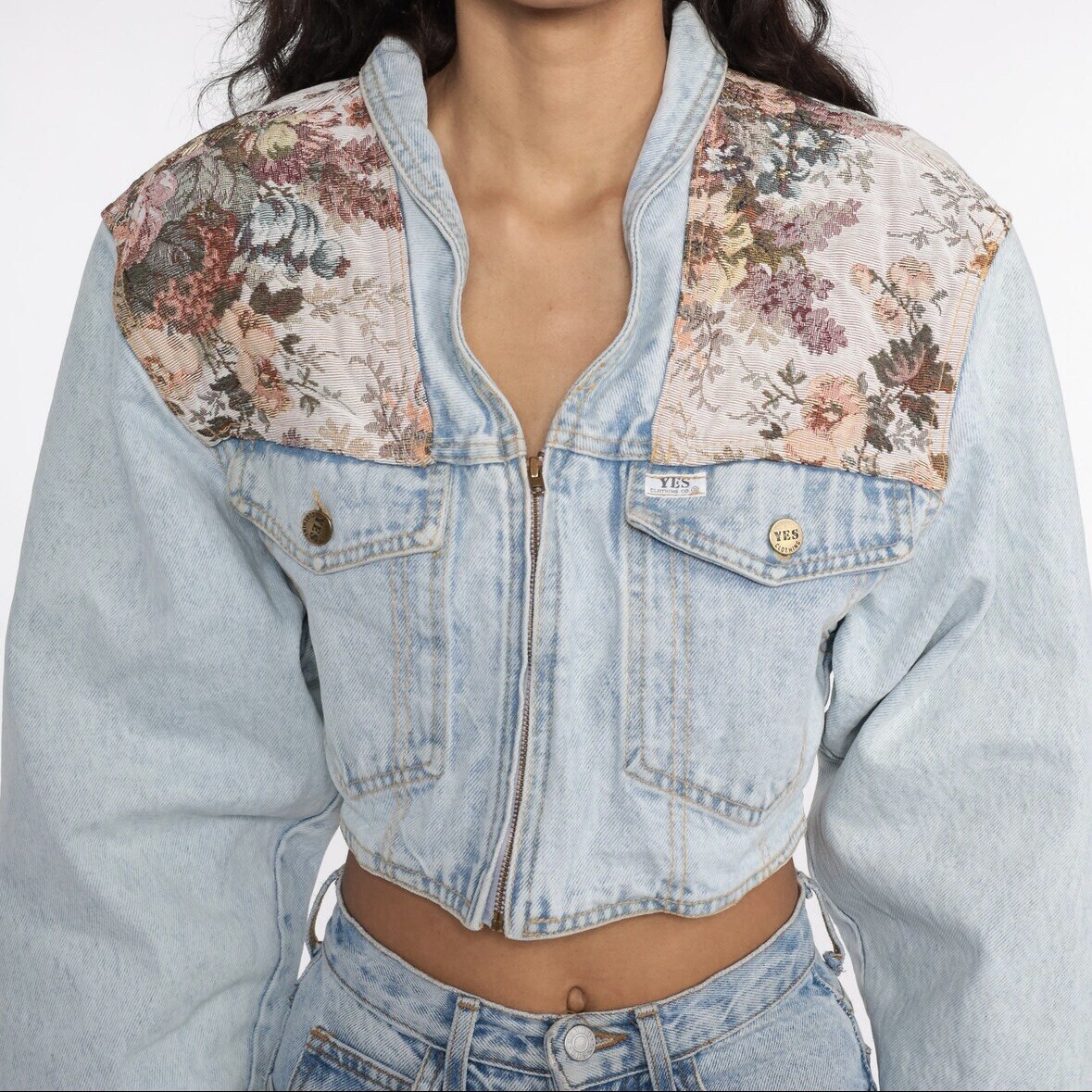 1990s, Vintage Denim Jacket Skirt Set, Cropped Tapestry Floral, YES Brand, Small
