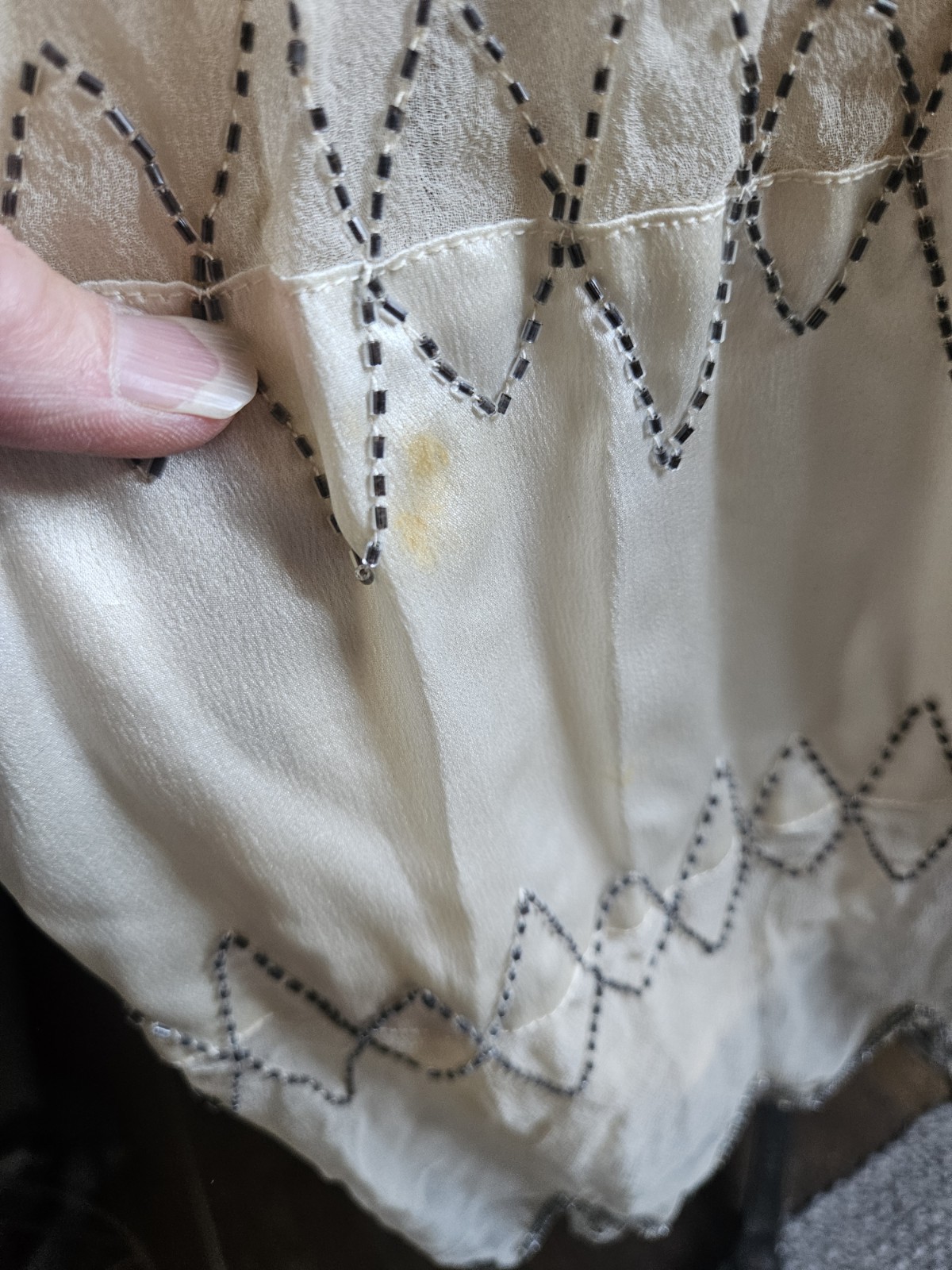 1920s Ivory Satin & Sheer Flapper Party Dress Metallic Beaded sleeveless