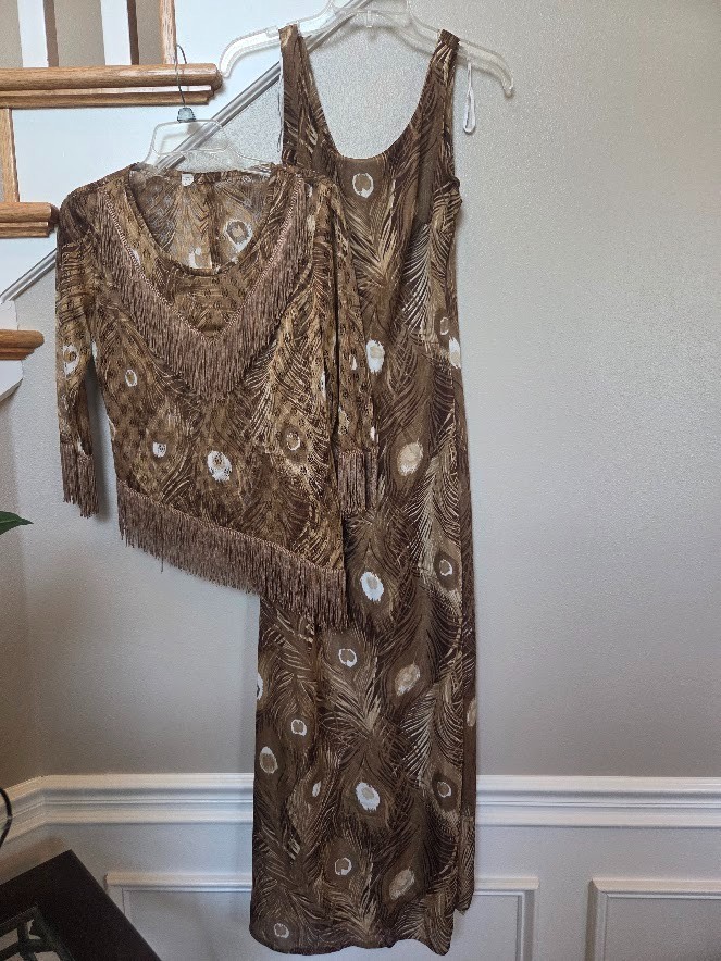Vtg Tan Peacock Fringe 2 pc Boho Flapper Style Party Dress Size 11/12 Sheer