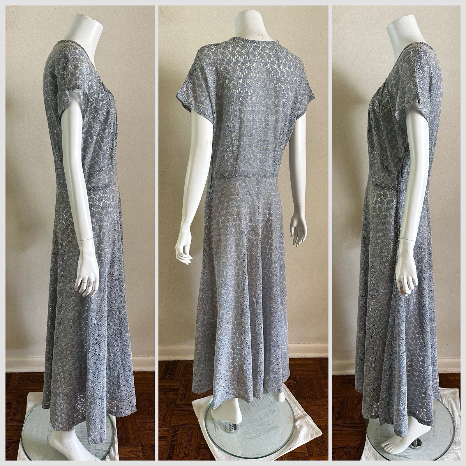 1940s Embroidered Rayon Crepe Cutwork Hostess Lounge Dress Blue Maxi L XL