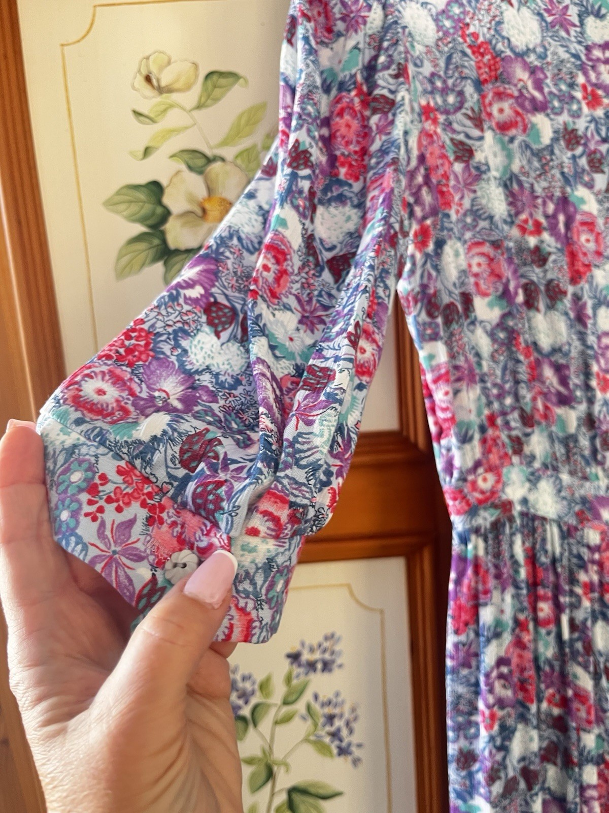Vintage 1980&rsquo;s Janet Simmons Purple Floral Rayon Knee Length Dress Size 8 Retro