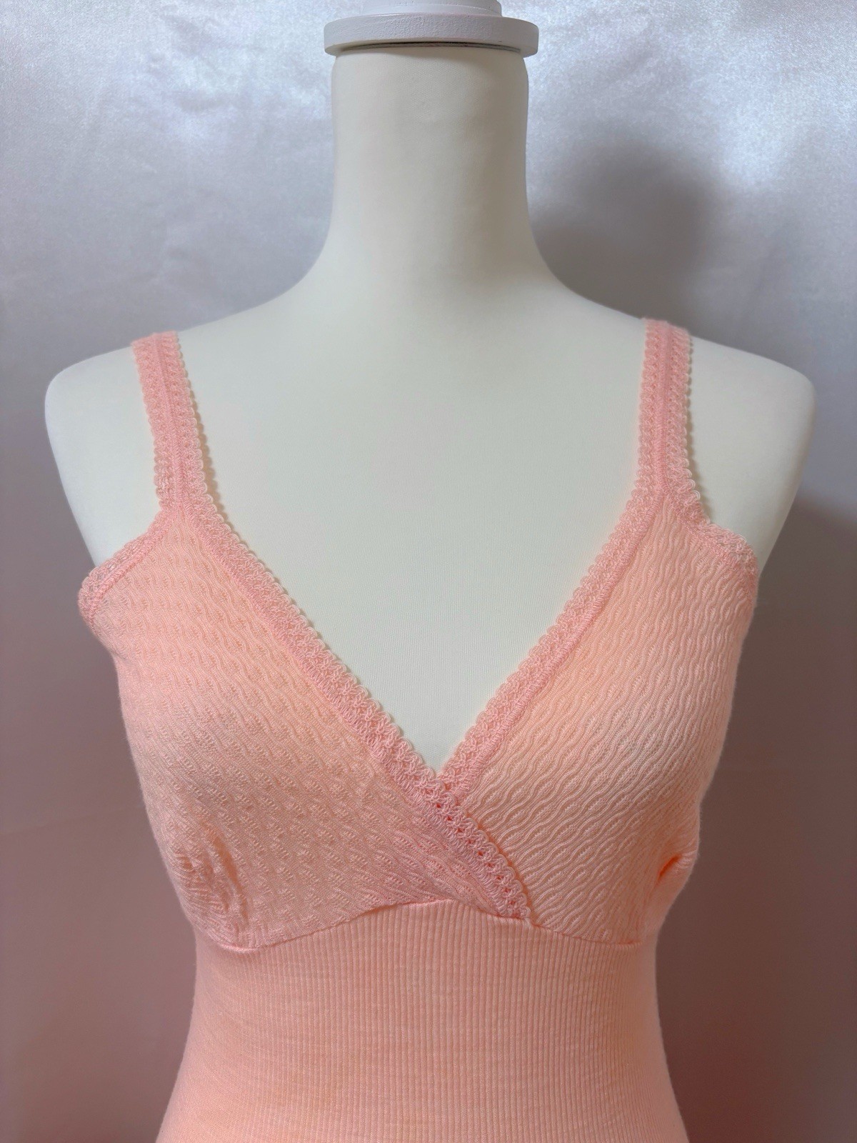 Vintage 1970s 1980s Italy mamabu Wool knit Camisole Top Pink Lace Romantic Boho