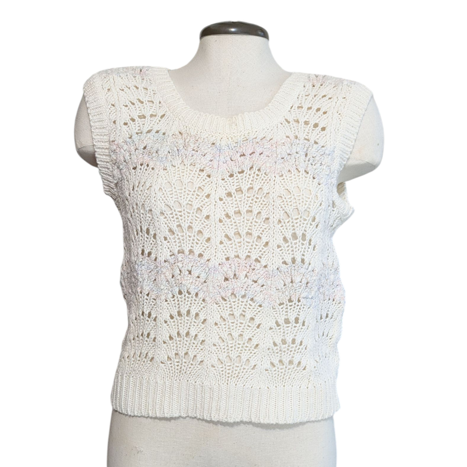 Vtg 80s Nan Sport Cropped Sweater Vest S/M Ramie/Cotton Ivory Pastels Summer