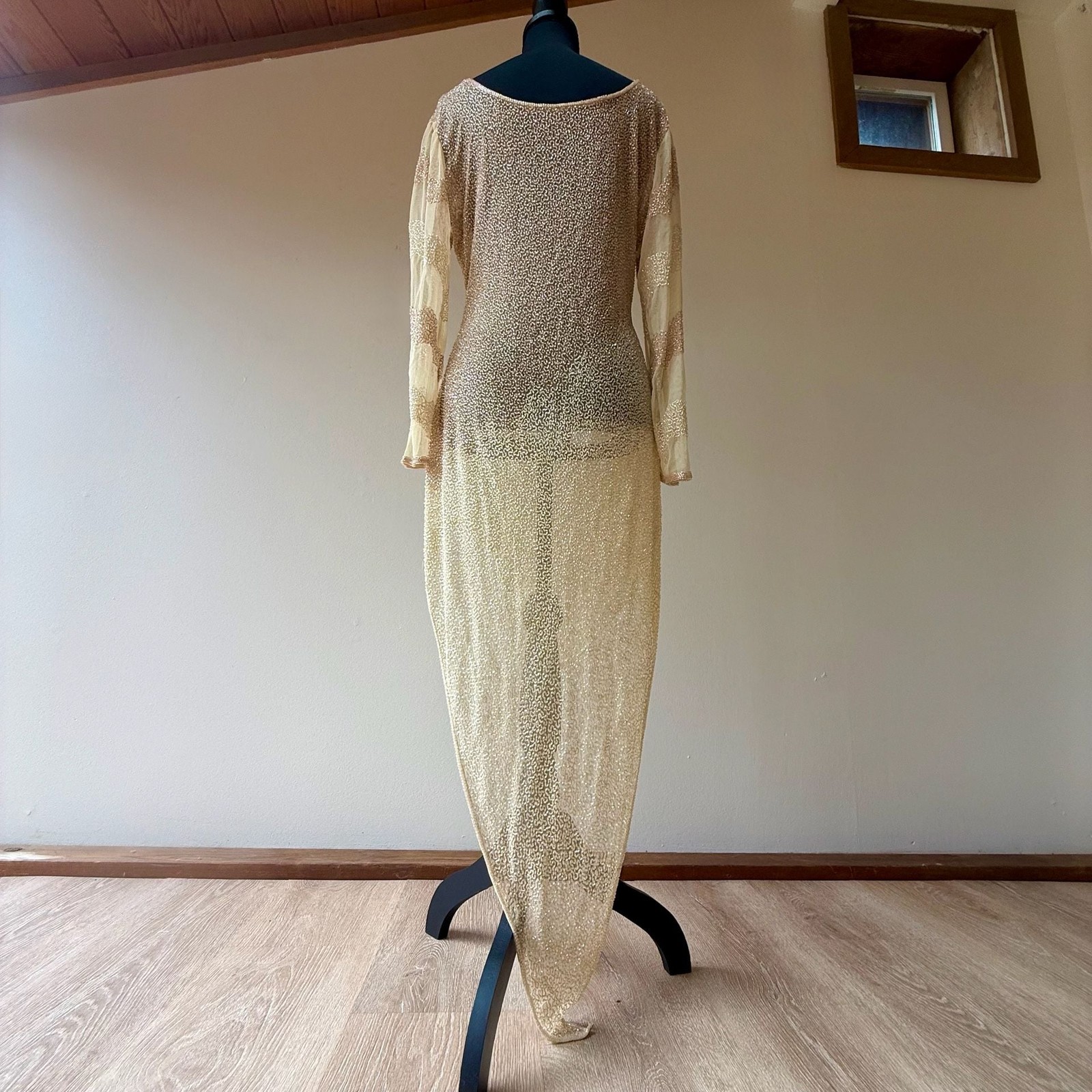 Vintage Fully Beaded Sequined Cream Asymmetrical Shirt Dress Sheer