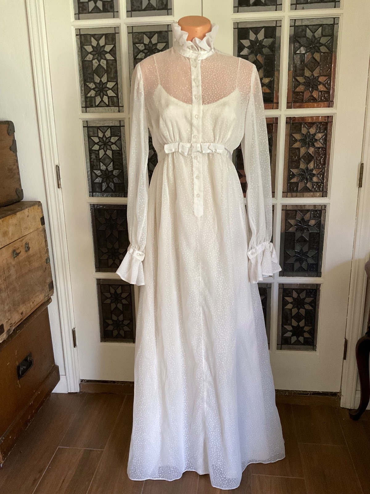 Vtg. Wedding Dress with Slip Victorian Boho Cottagecore Fairycore Small Train
