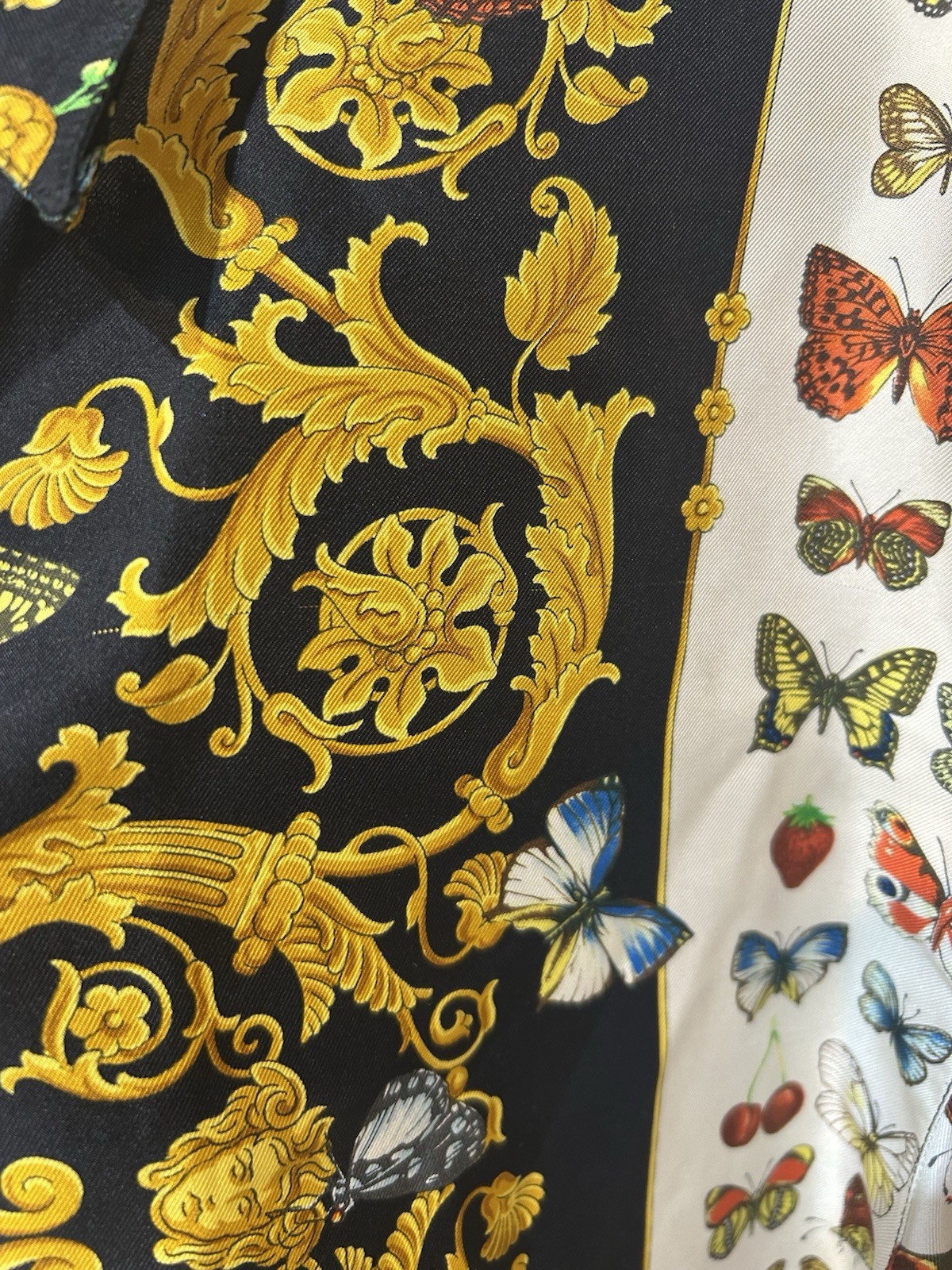 Vintage 1990s Gianni Versace Silk Blouse w/ Baroque Butterfly Fruit Print