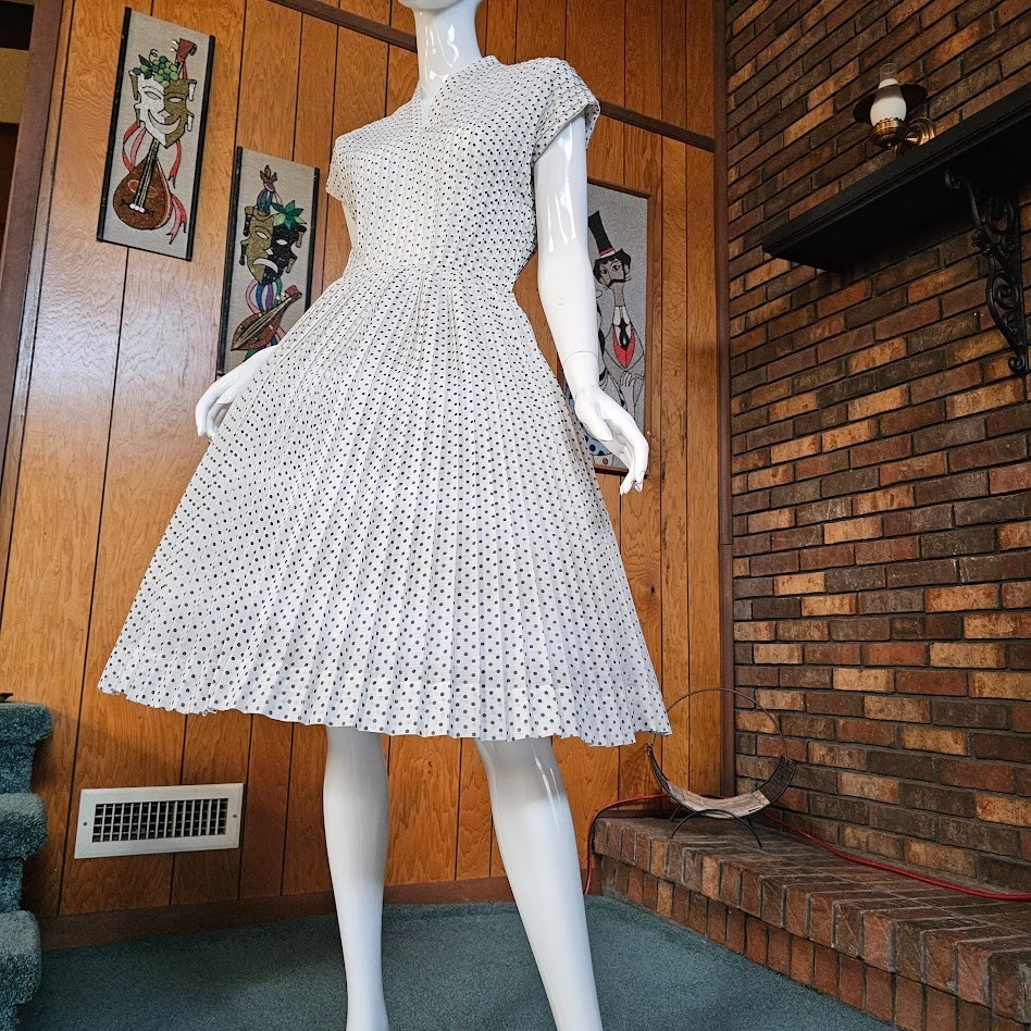 Vintage 50s L&rsquo;Aiglon Polka Dot Circle Skirt Shirtwaist Rockabilly Day Dress S/M