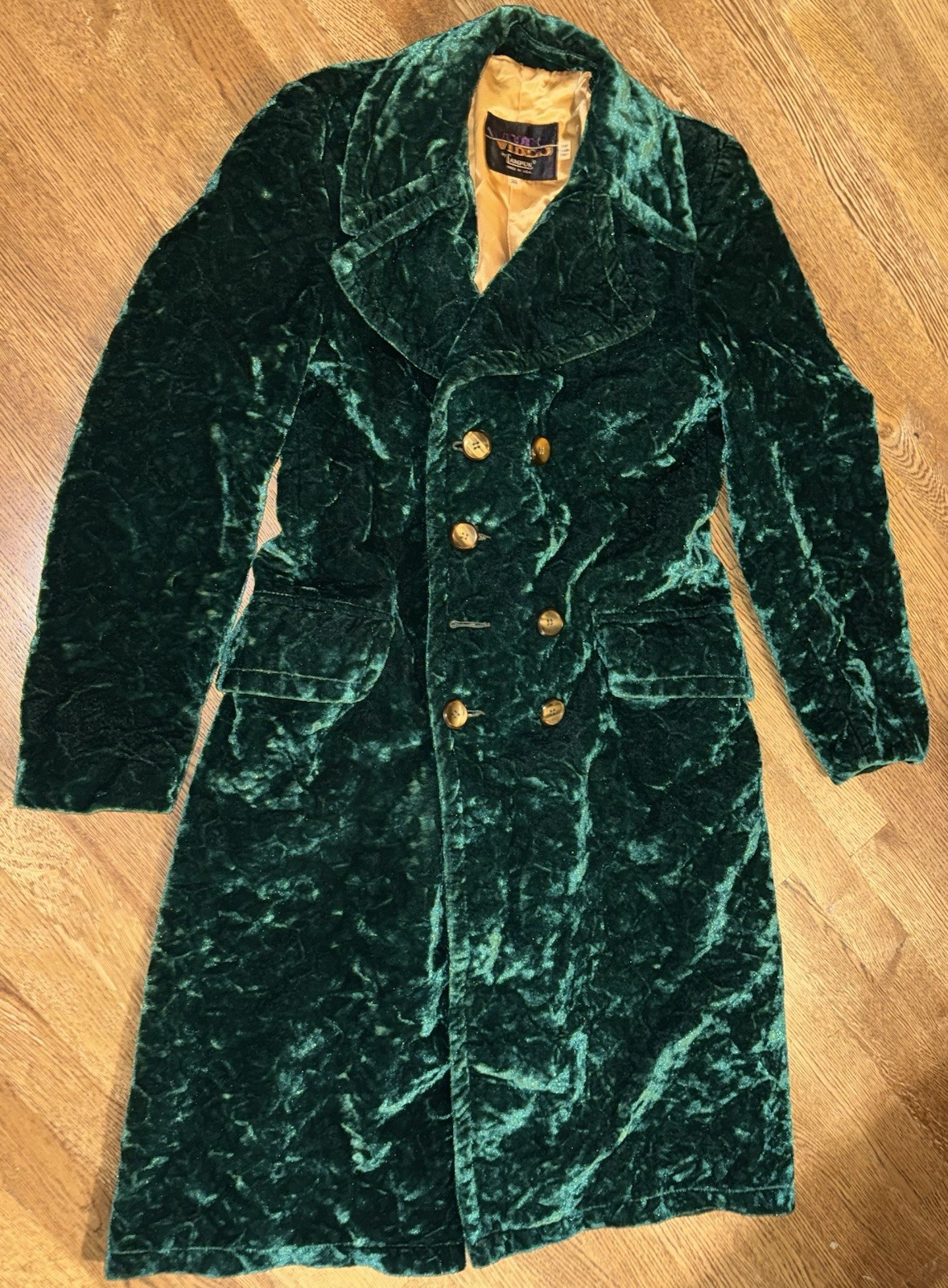 Green Crushed Velvet 70s Double Breasted Vintage Coat By VIBES by CAMPUS