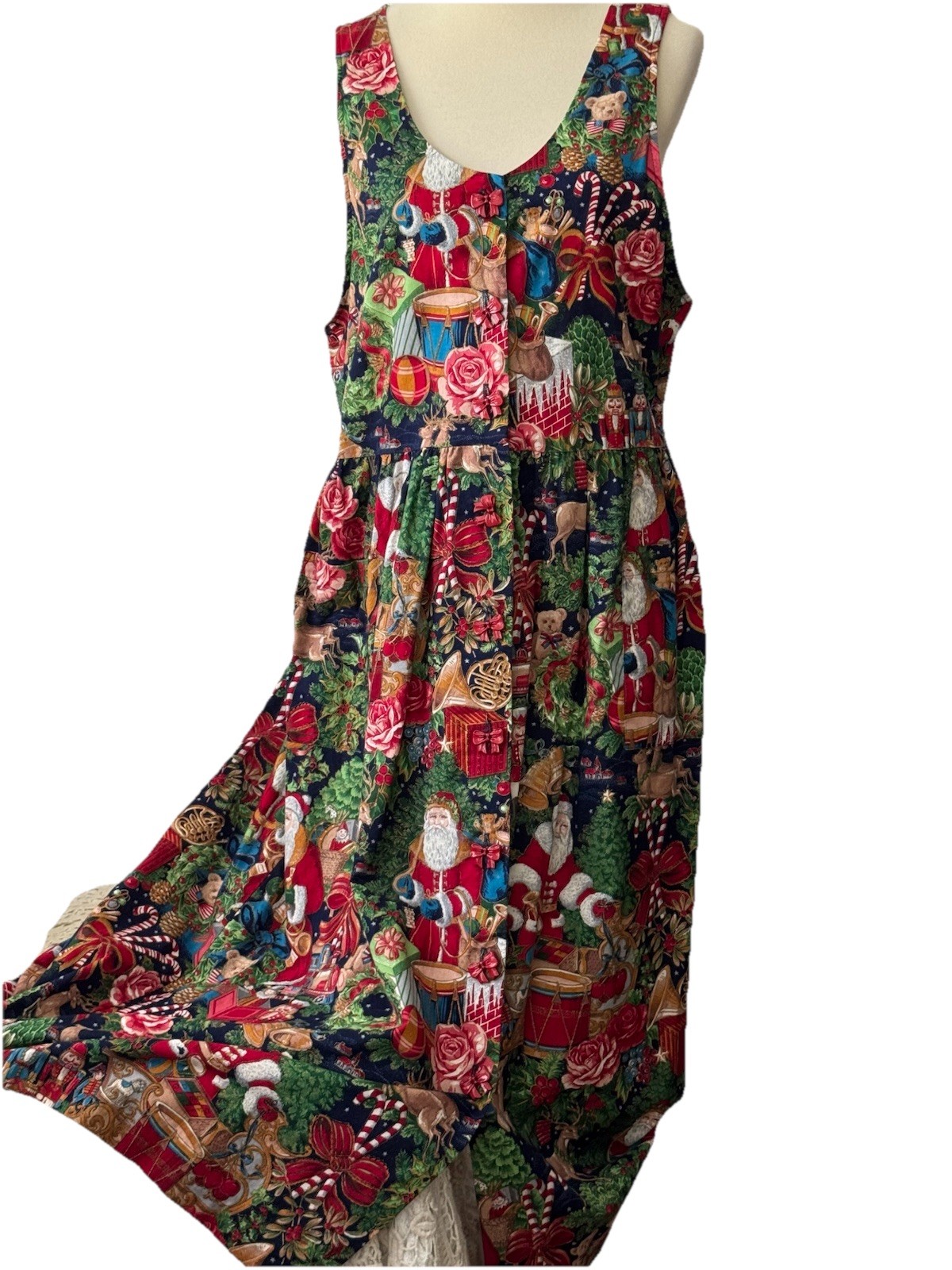 RJ Stevens Carol Escritor VTG Christmas Jumper Dress Sz 14 Cotton Santa USA