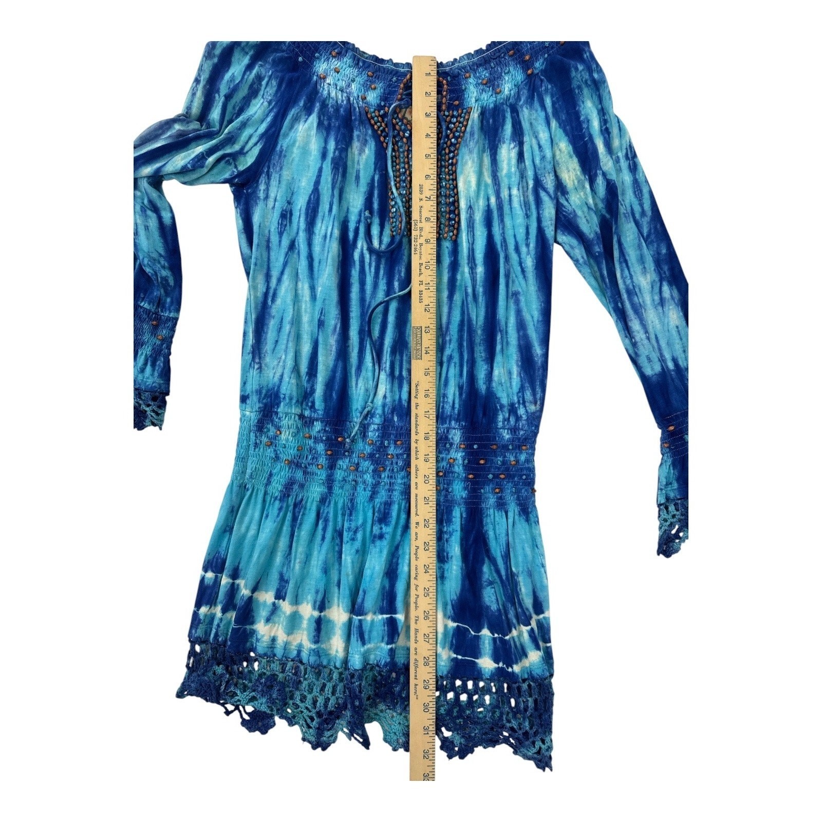 VTG Faith Indigo Tie Dye Beaded Boho Mini Dress Crochet Hem Festival S