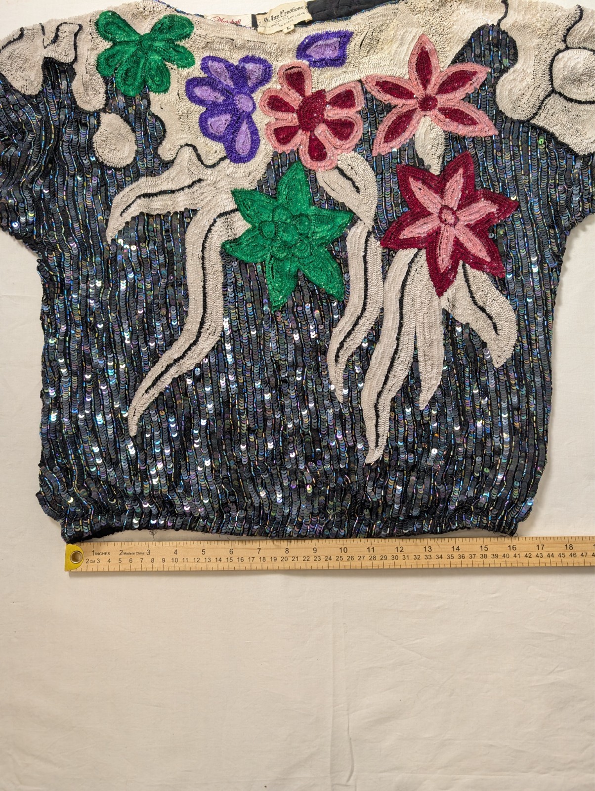 Vintage Hand Beaded Sequin 100% Silk Floral Judith Ann Creations Blouse Skirt L