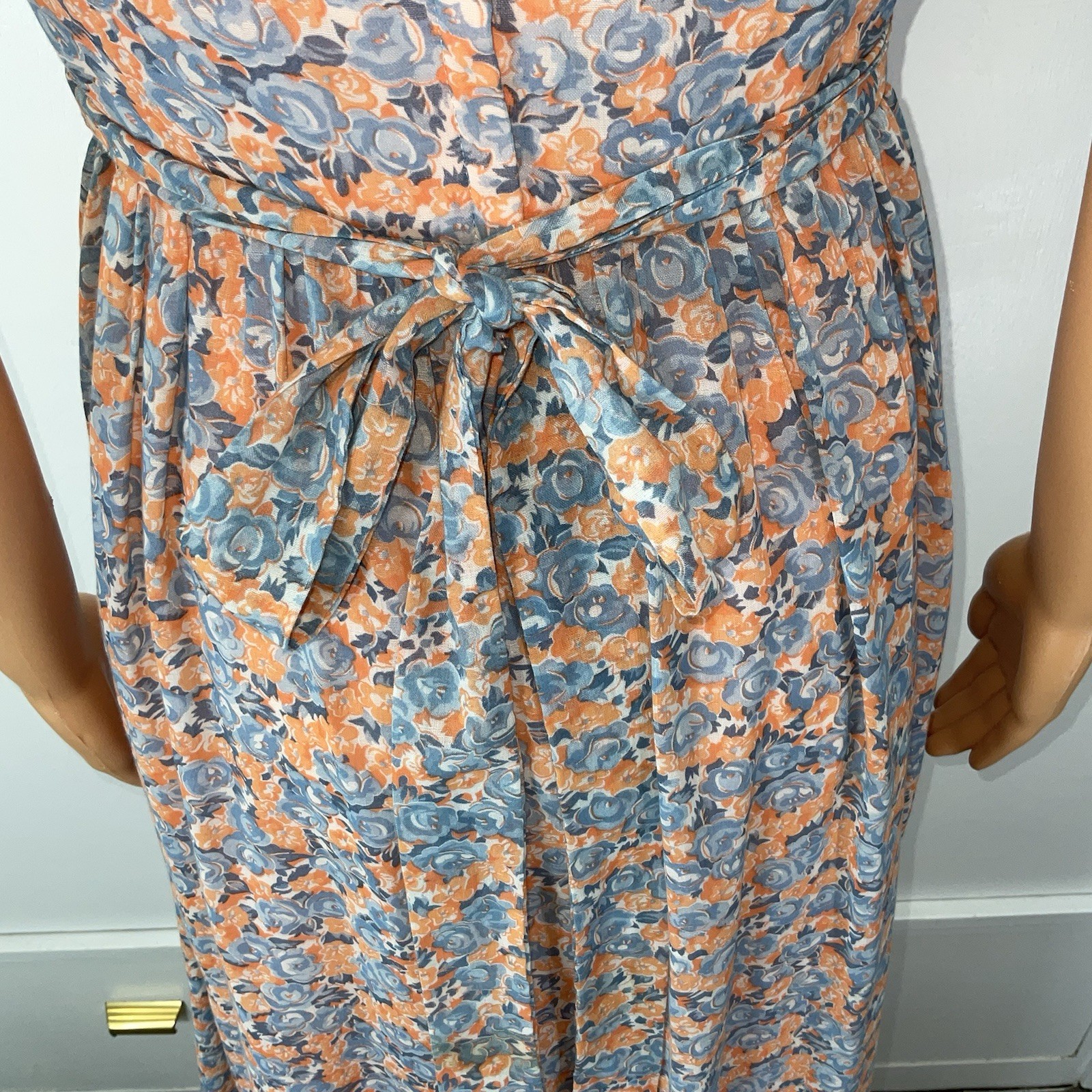 70s Praire Maxi Dress VTG Candi Jones Peach Blue Floral Lace Boho Hippie Sz 9