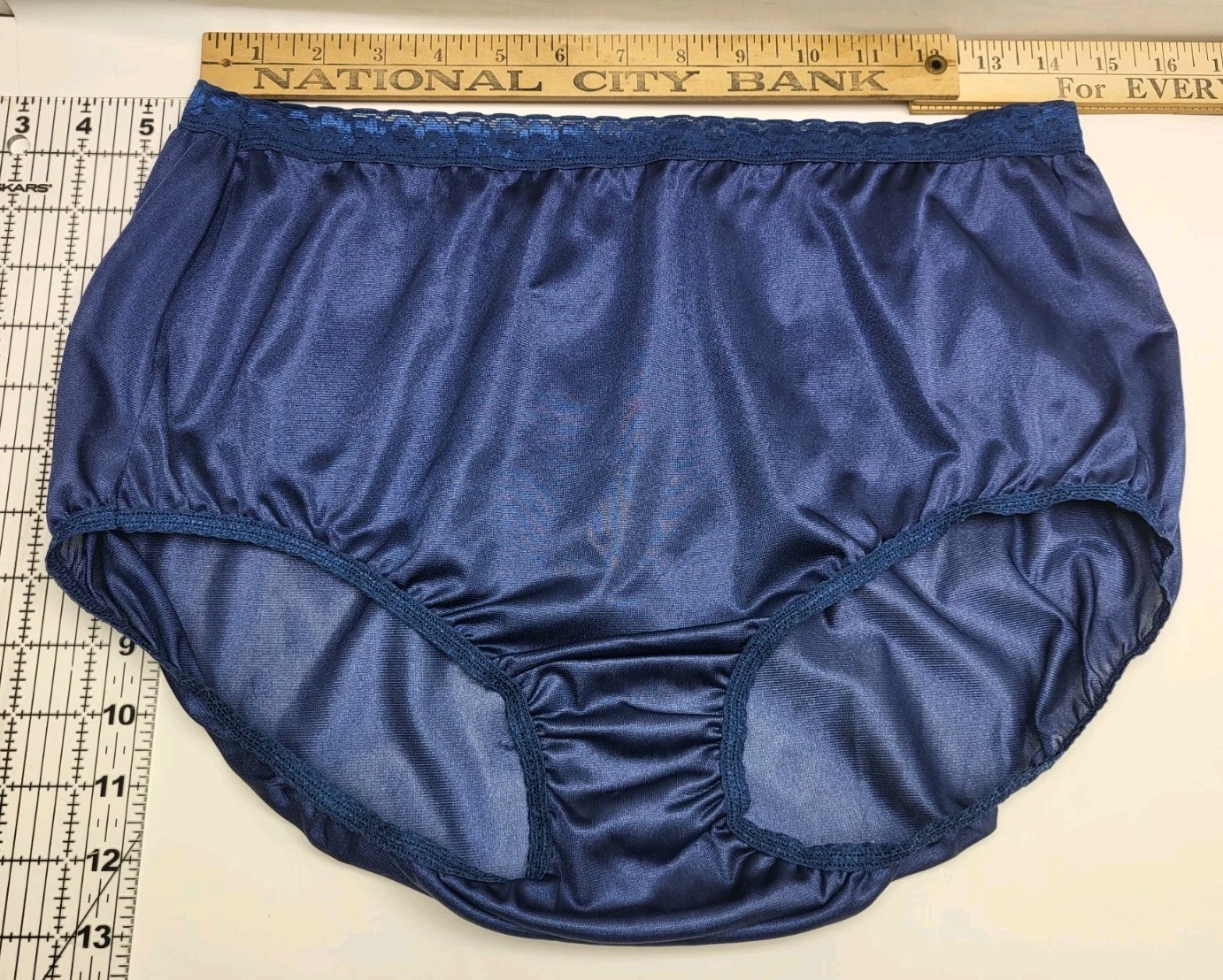 Vtg Navy Blue Satin Solid With Navy Iridescent Waist Lace Elastic Sz10 01111