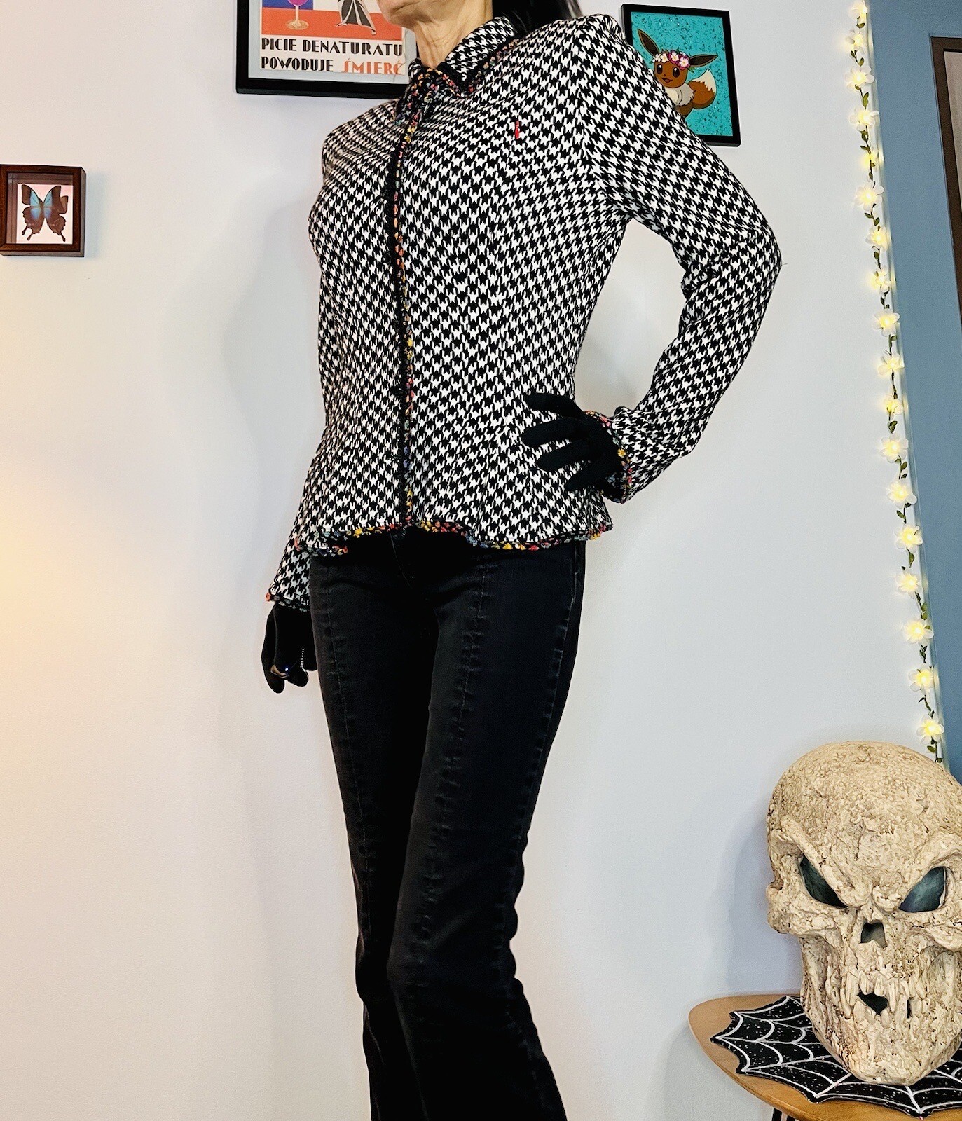 Vintage 80’s Houndstooth Fitted Blazer Rainbow Trim Bell Sleeves Stretch