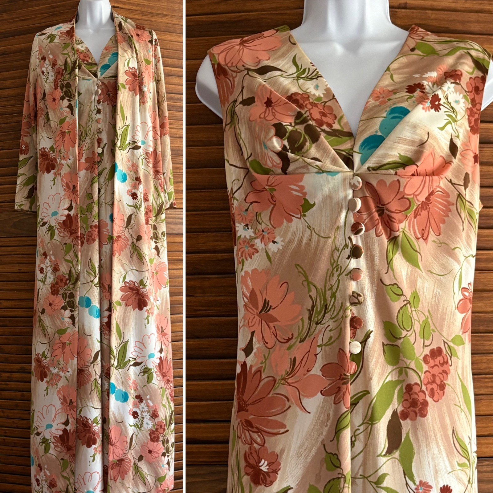 Vintage Lane Bryant Maxi Floral Dress with Matching Duster Size L/XL 1970&rsquo;s