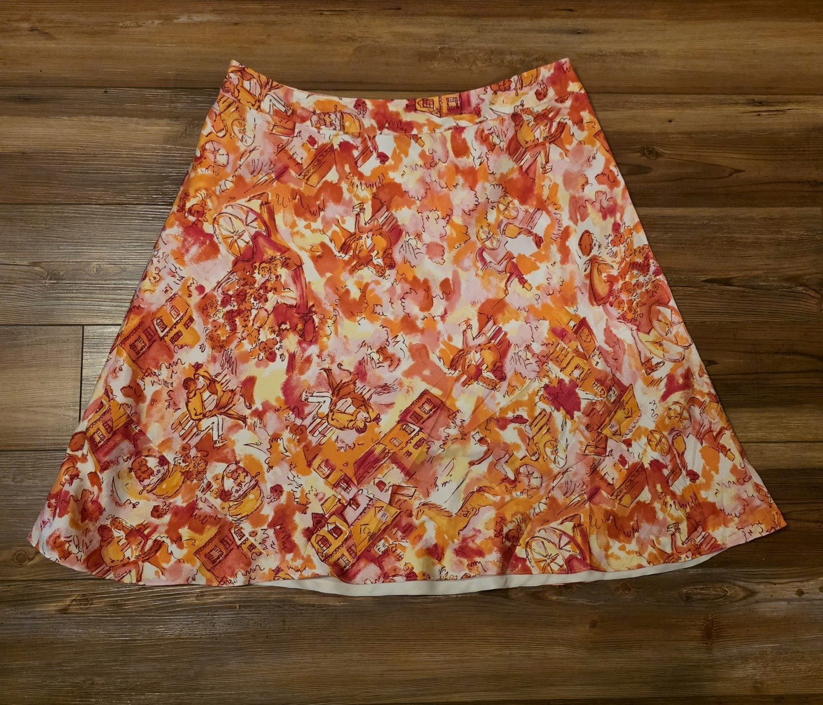 Valerie Stevens 100% Silk Vintage Skirt Novelty Watercolor Town Print Lined 16W