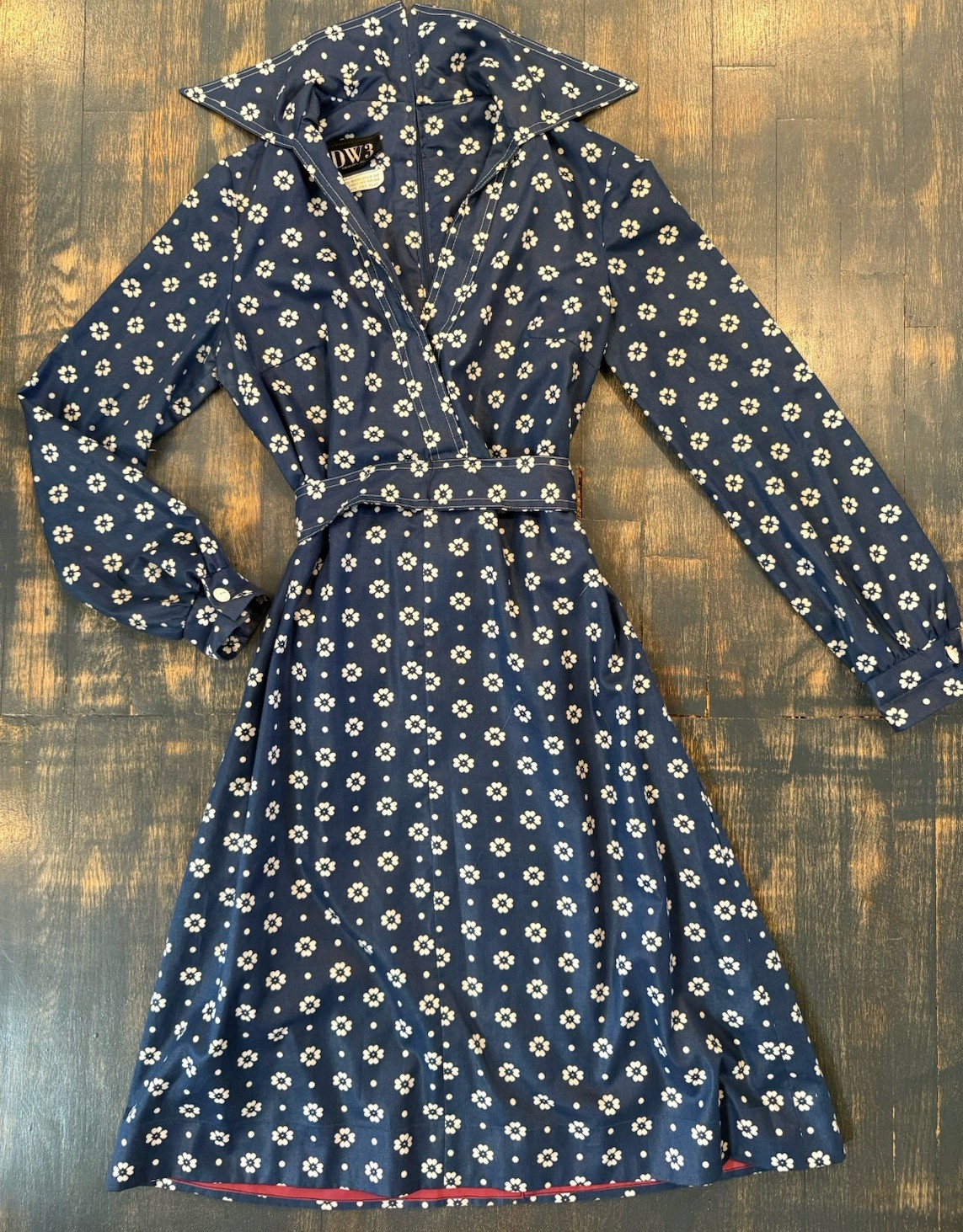 Vintage 1970s DW3 David Warren Collared Dress Navy & White Floral Belted Sz S/M
