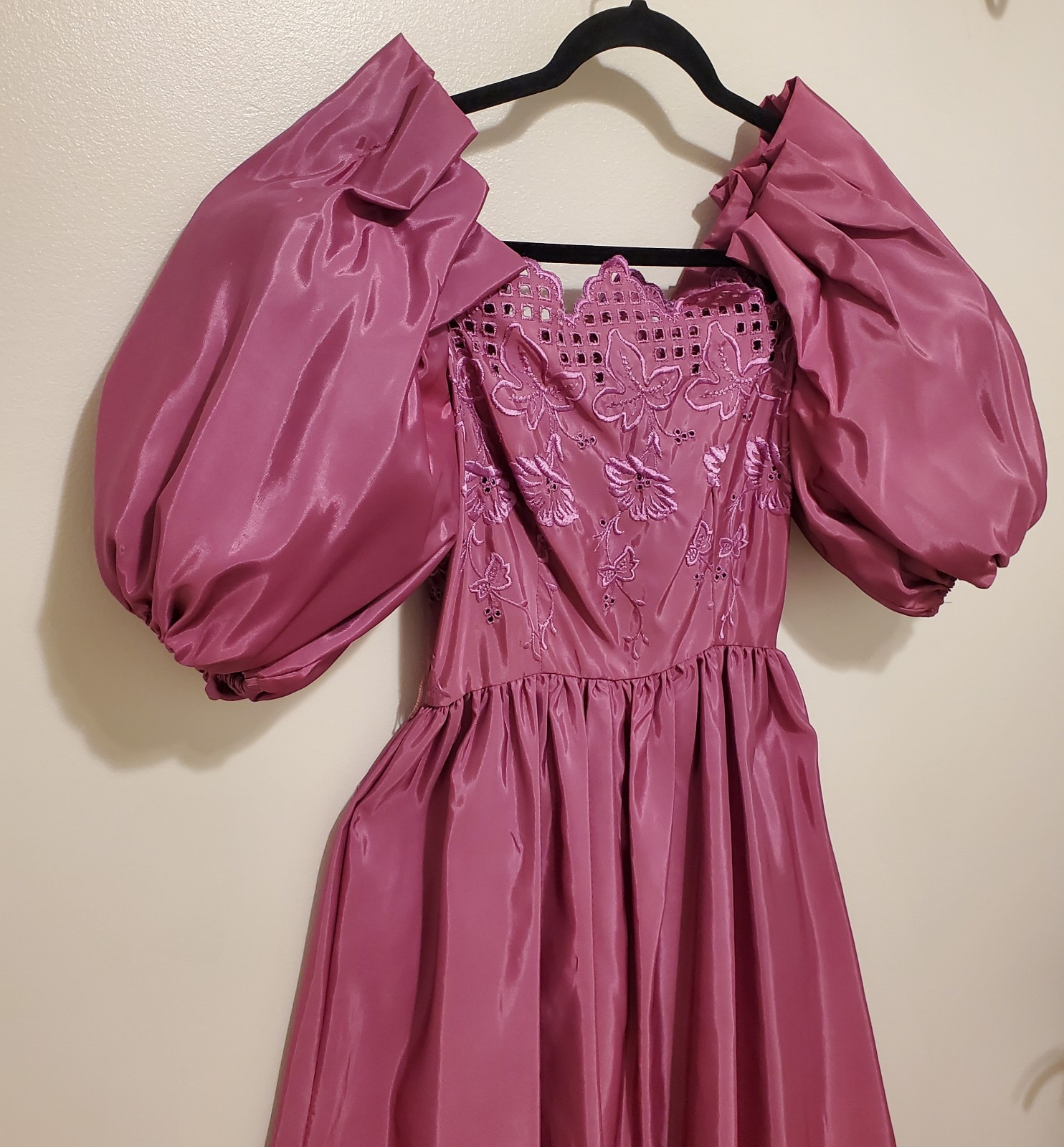 VTG Puff sleeve off shoulder taffeta mauve Prom Gown Dress 5/6 USA Union Made