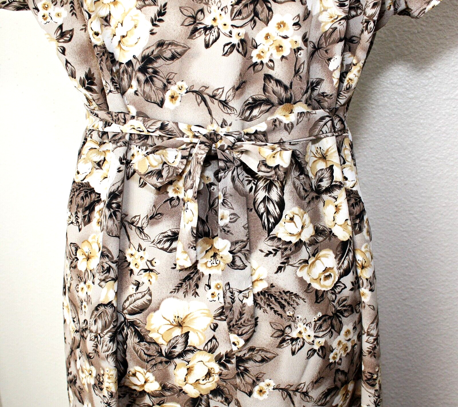 VTG ALL THAT JASS Maxi Dress Sz 13 / 14 Brown Cream Roses Short Sl. Babydoll #03