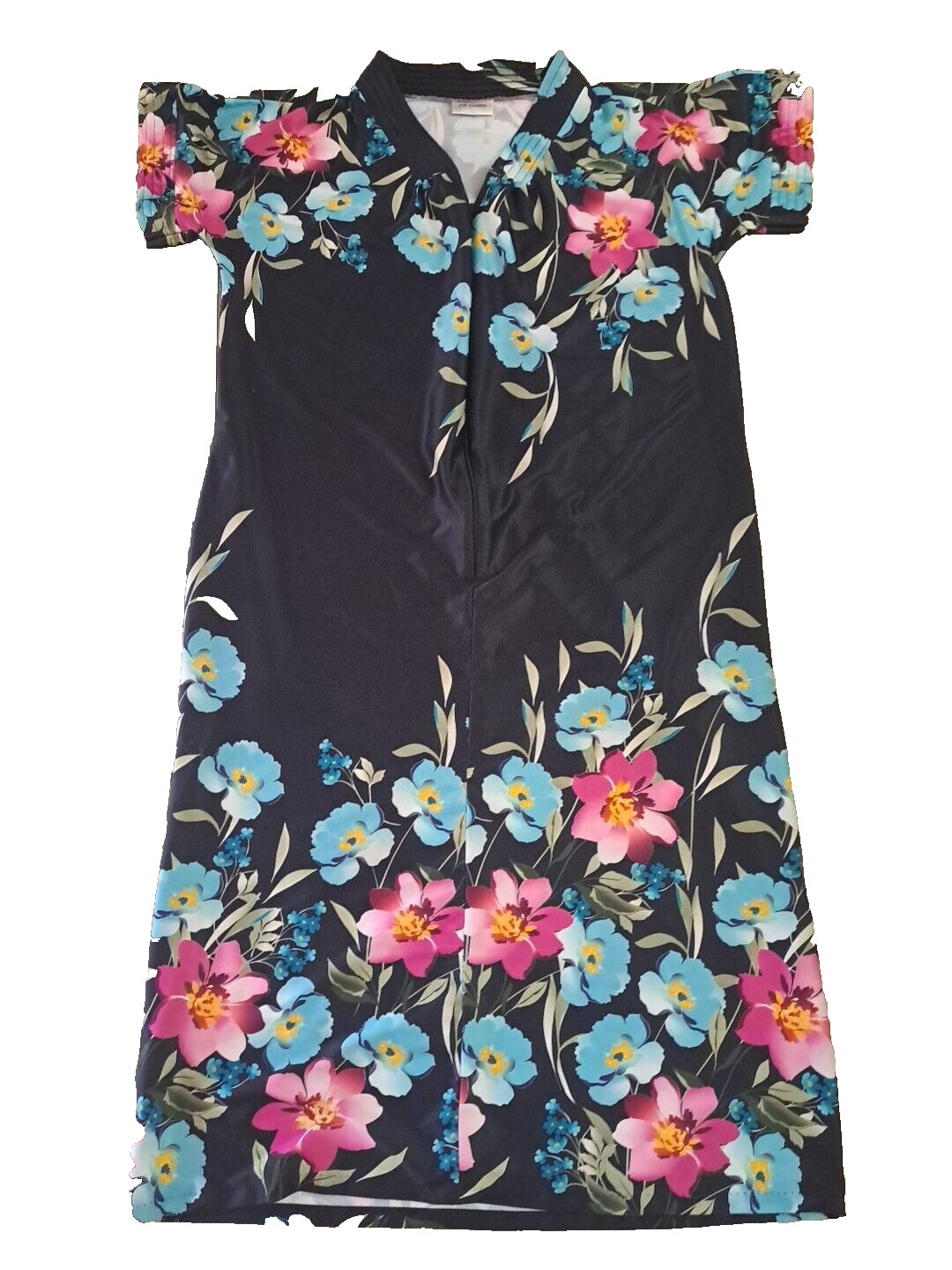 Womens Vintage Robe Black Floral 3/4 Zip Full Length Short Sleeve Pocket M