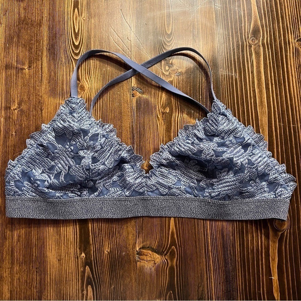 Aerie Womens Dusty Blue Floral Lace Bralette XL Adjustable Cross Back