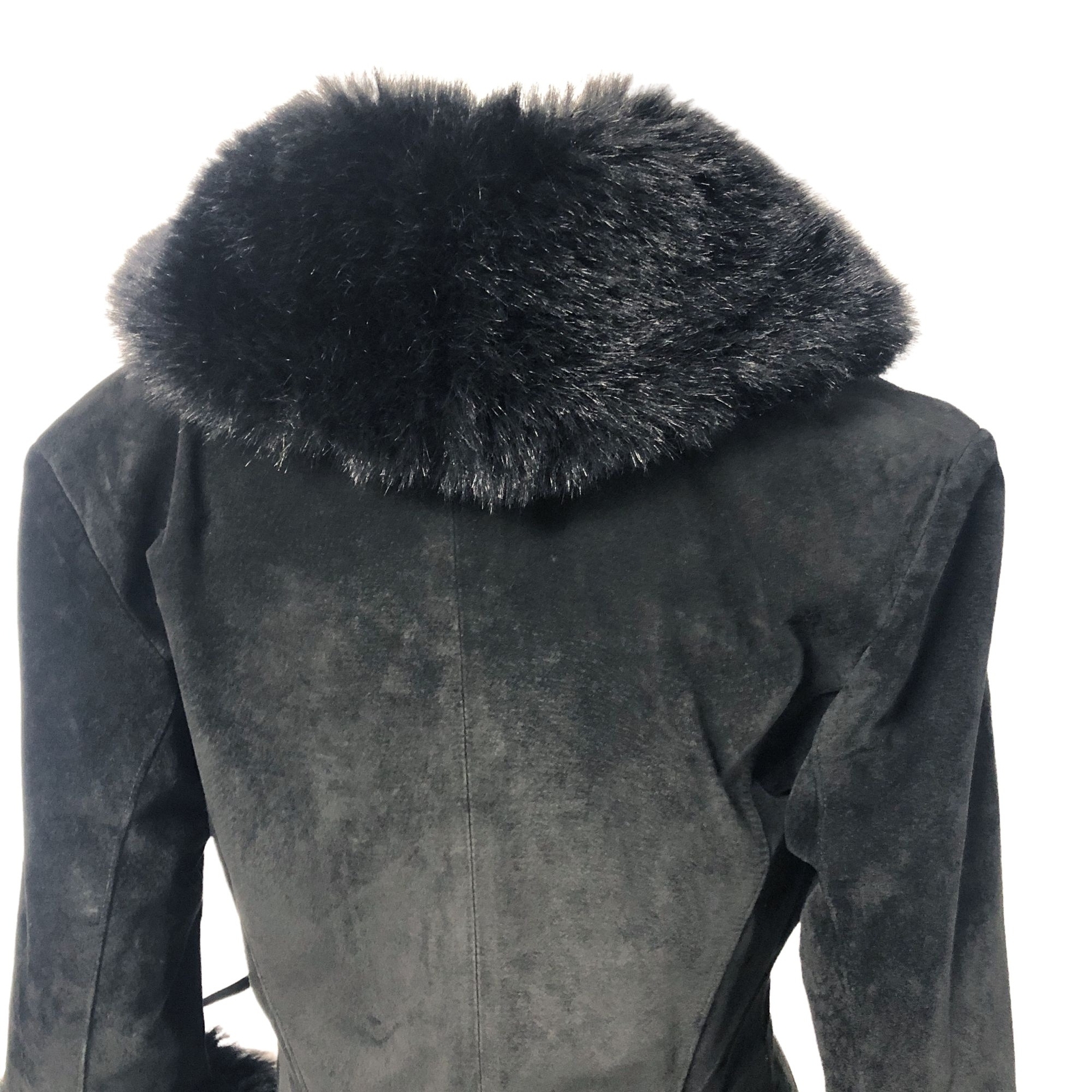Vintage Y2K 2000s Express Black Suede Faux fur Long Coat Duster Size 5/6