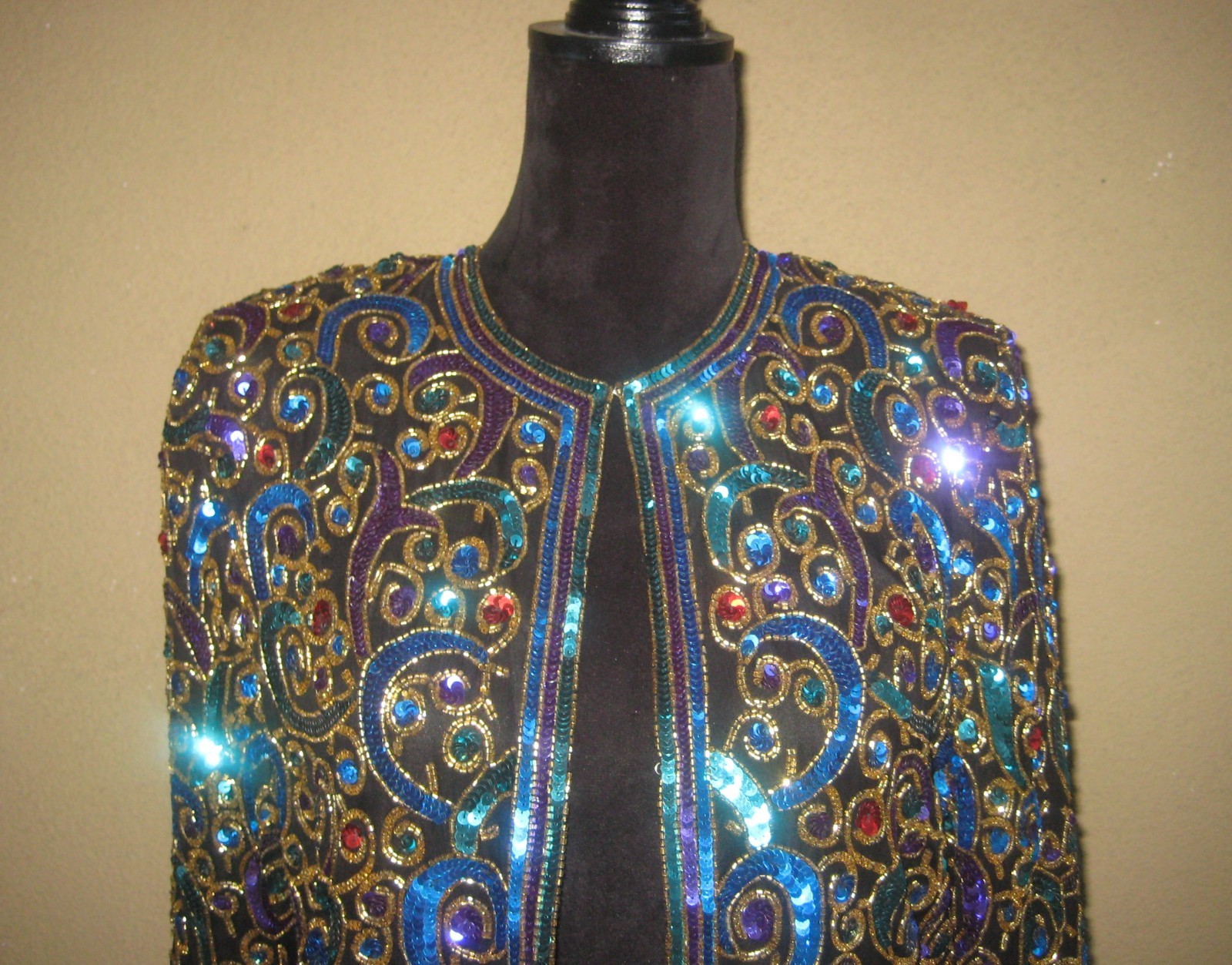 Vintage Scala black silk sequins beads multicolor cropped evening jacket S