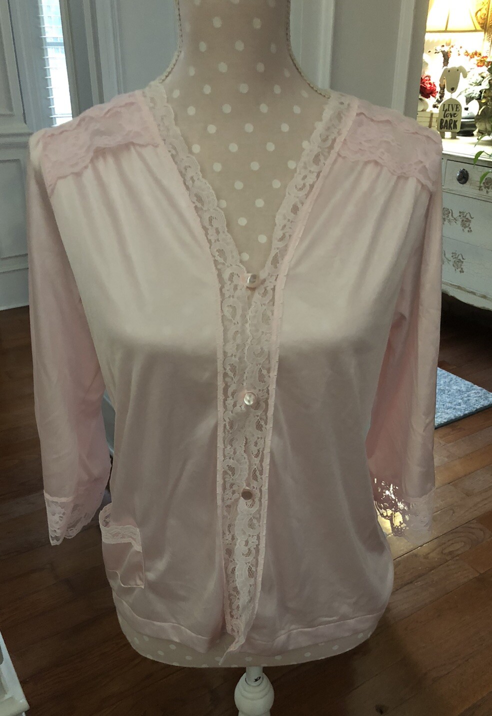 Vintage Texsheen Pink Nylon & Lace Bed Jacket Women Size Small Lingerie Cropped