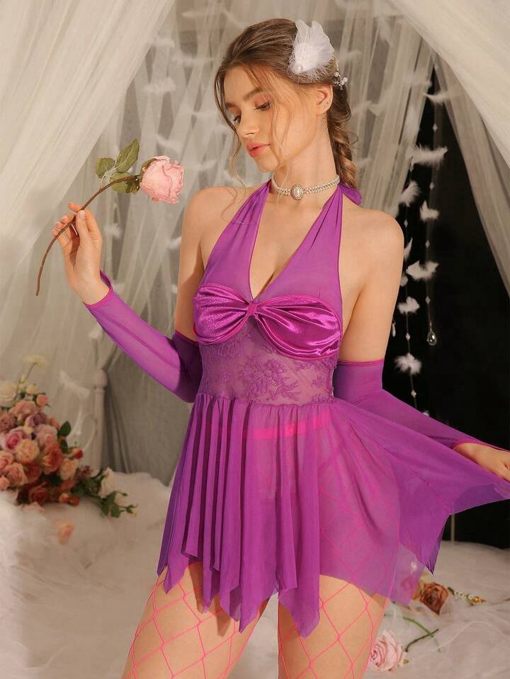 VTG Style Soft Satin Sheer Babydoll Mesh Nighty Twirly 3pc Lingerie Dress XL NEW