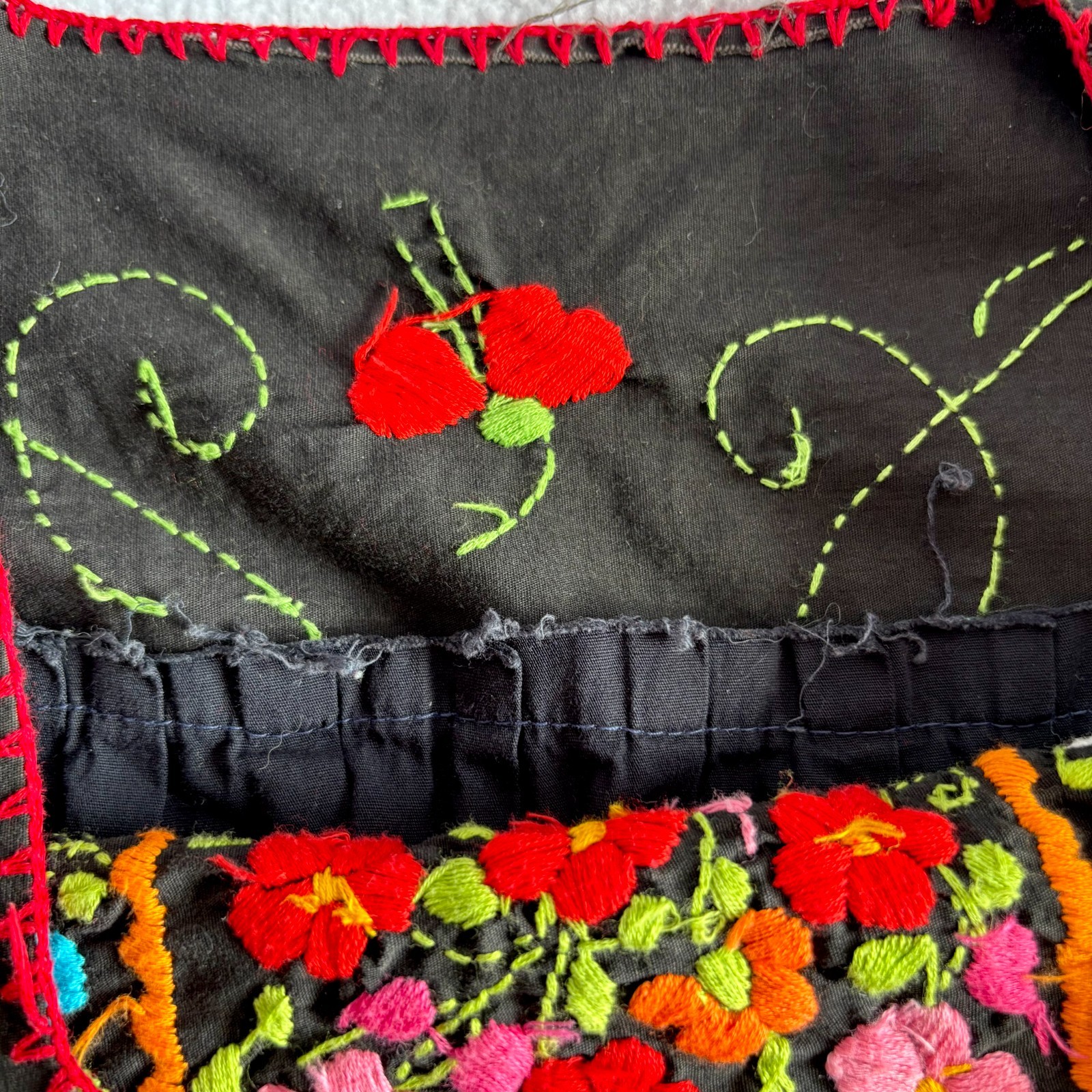 Vtg Black Cotton Colorful Floral Embroidered Mexican Oaxacan Maxi Dress Small