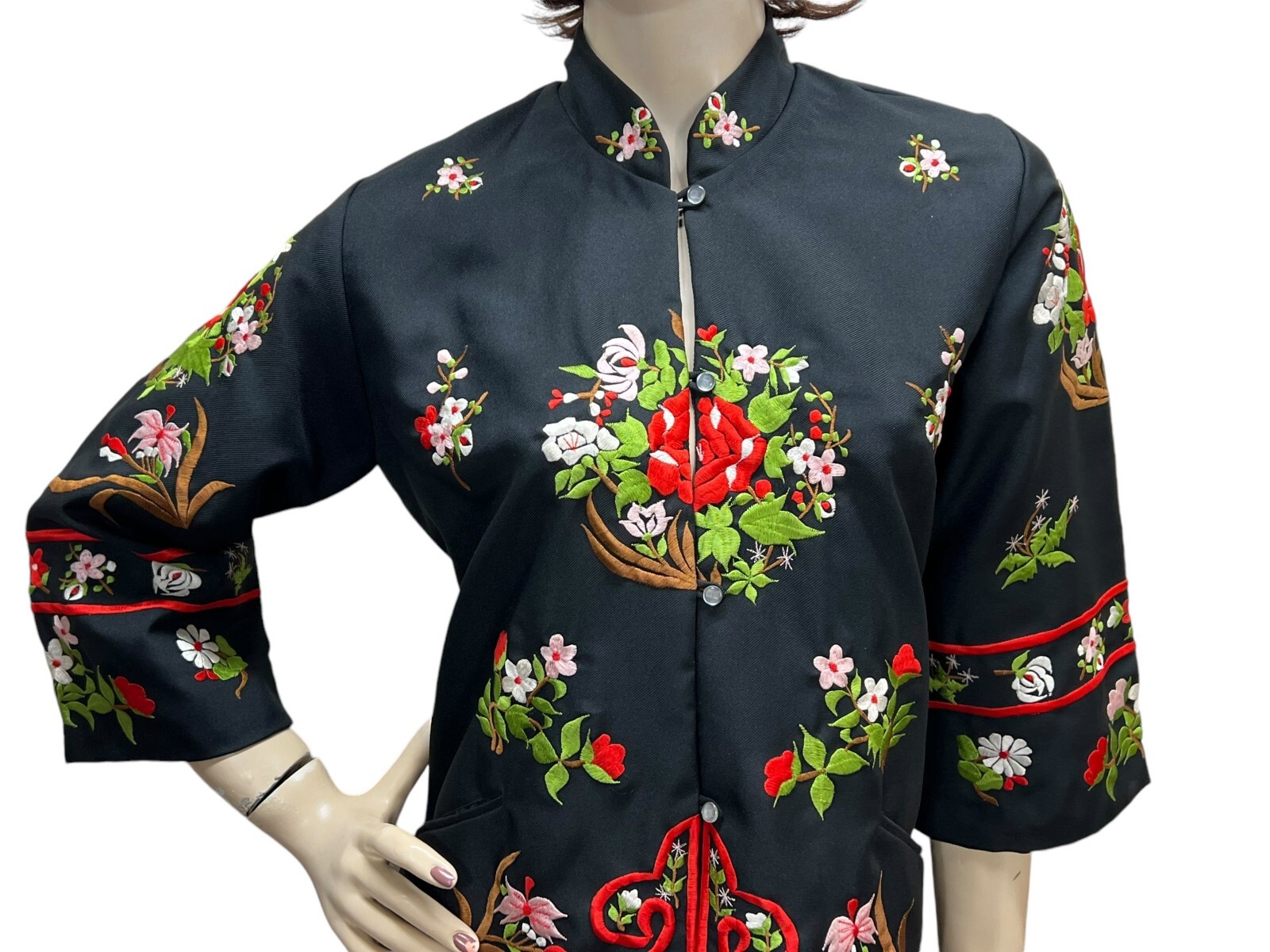 Vtg Sz S Oriental TUNIC Jacket Coat Hostess Robe Black Embroidered Philippines