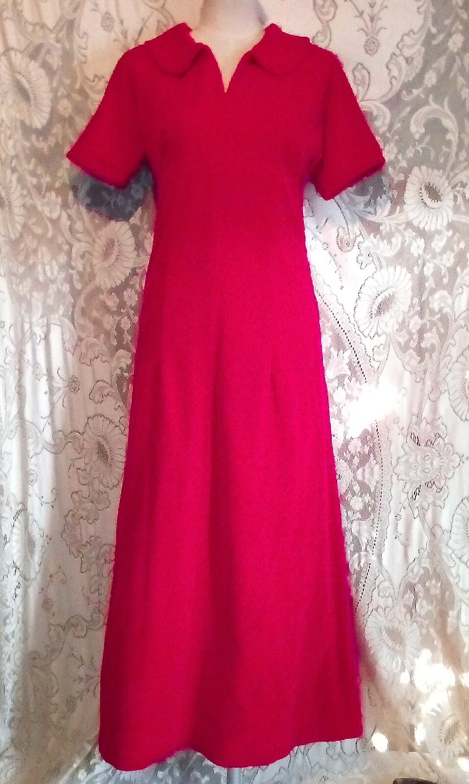 VTG 60s Empire Waist Bright Red Soft Cotton Fitted Maxi Velvet Dress S