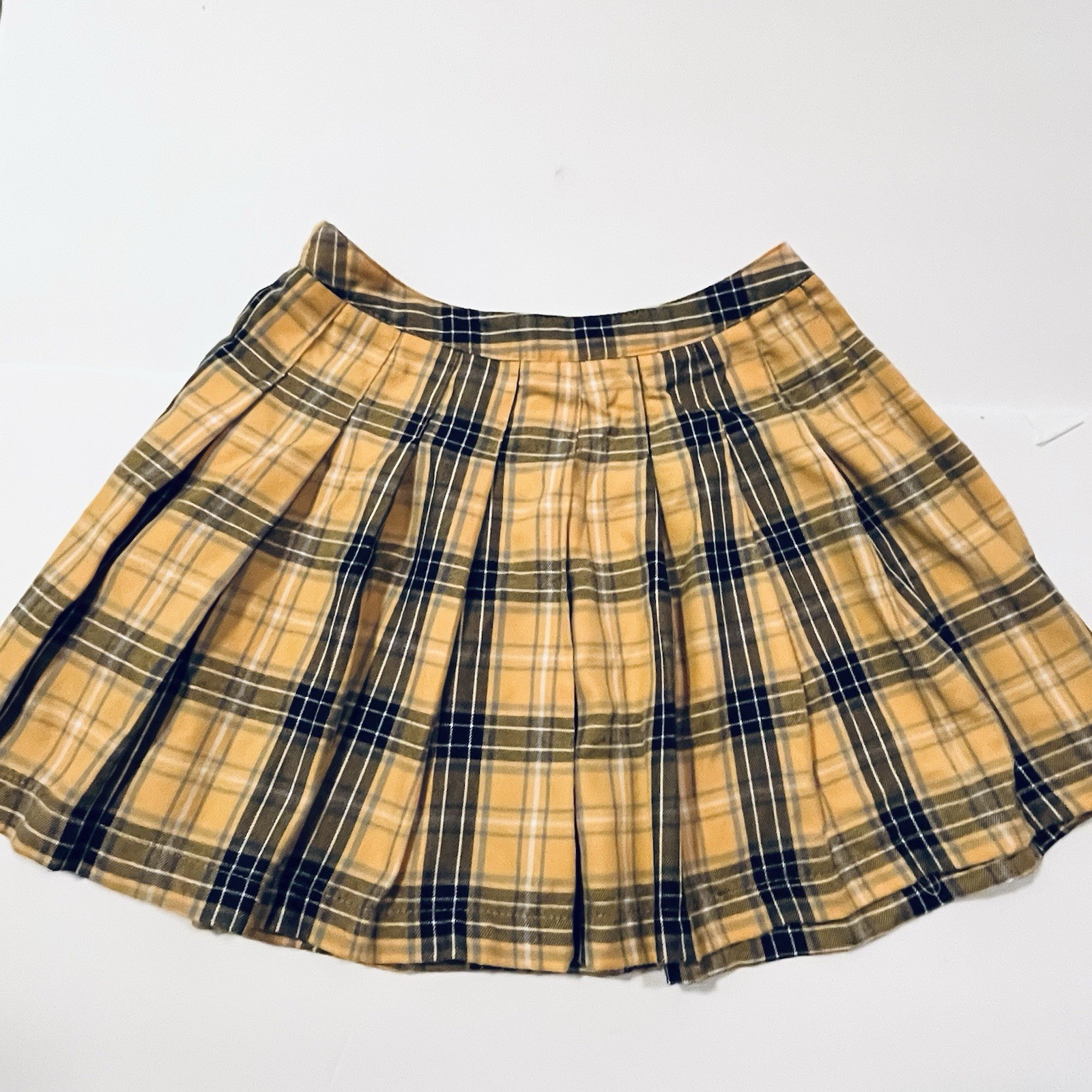 Y2K Micro Mini Skirt Yellow/Black PLAID PLEATED Sz Med-15.5&Prime; Length-FOREVER 21