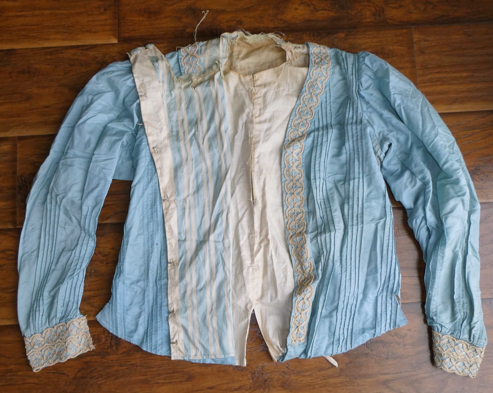 Edwardian Soft Blue Silk Bodice Jacket Soutache Lace Trim 1900s As Is