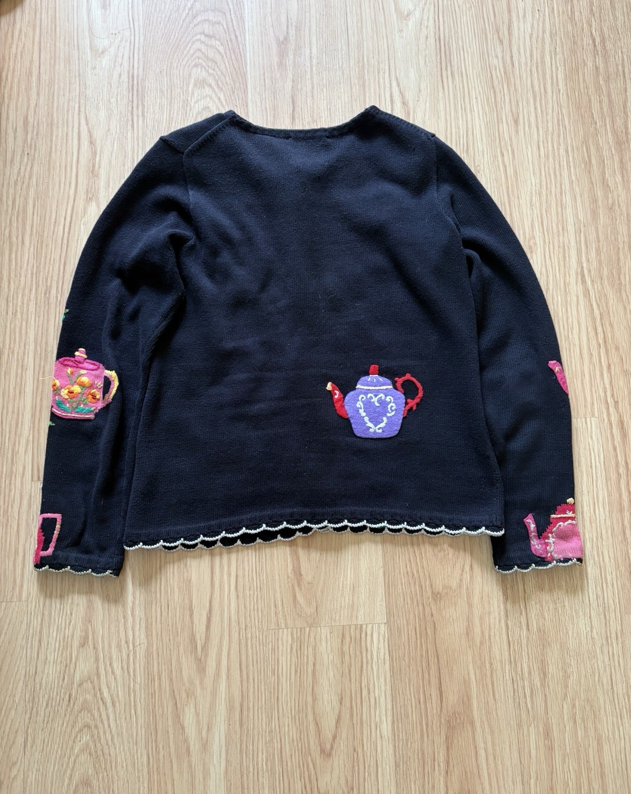 Vintage Michael Simon Tea Party novelty art to wear embroidered cardigan sz M