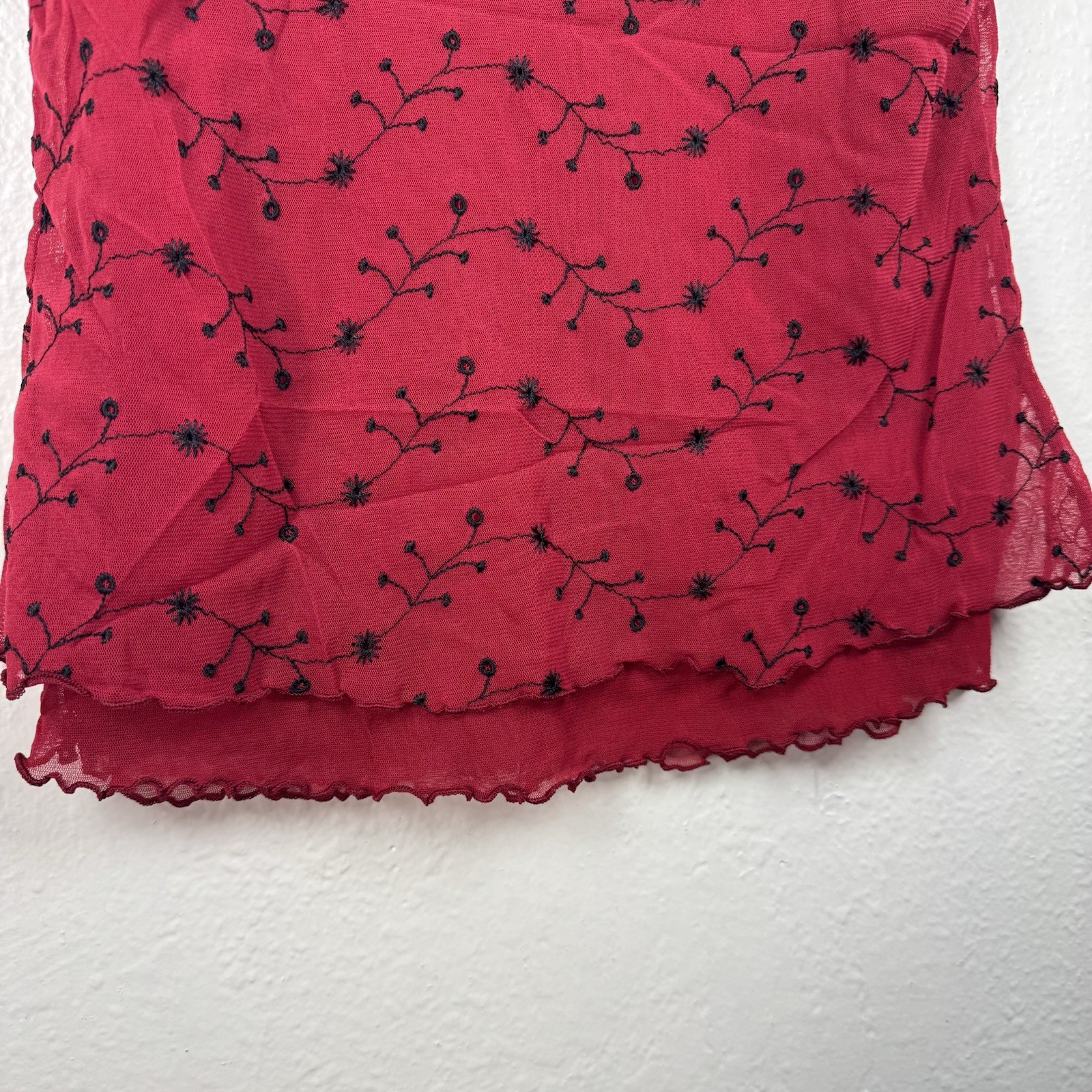 Arianne Lace Trim Tank Top Vintage Red 2000’s Embroidered Mesh Size Small Y2K